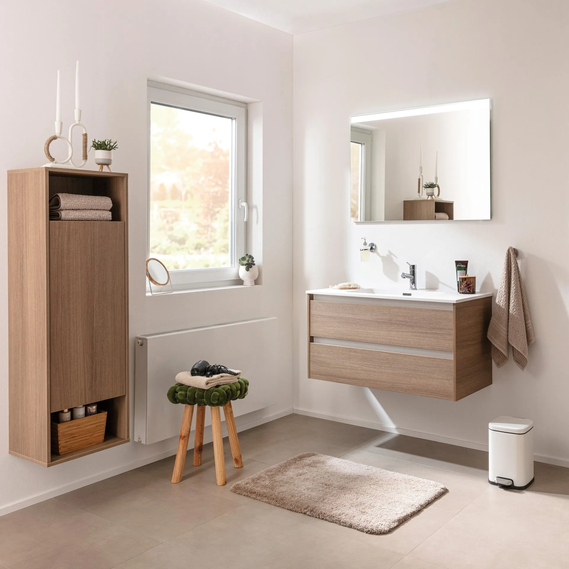 FACKELMANN VITA Waschbecken mit Unterschrank 101 cm breit, Braun hell, Waschbecken Gussmarmor Weiß matt