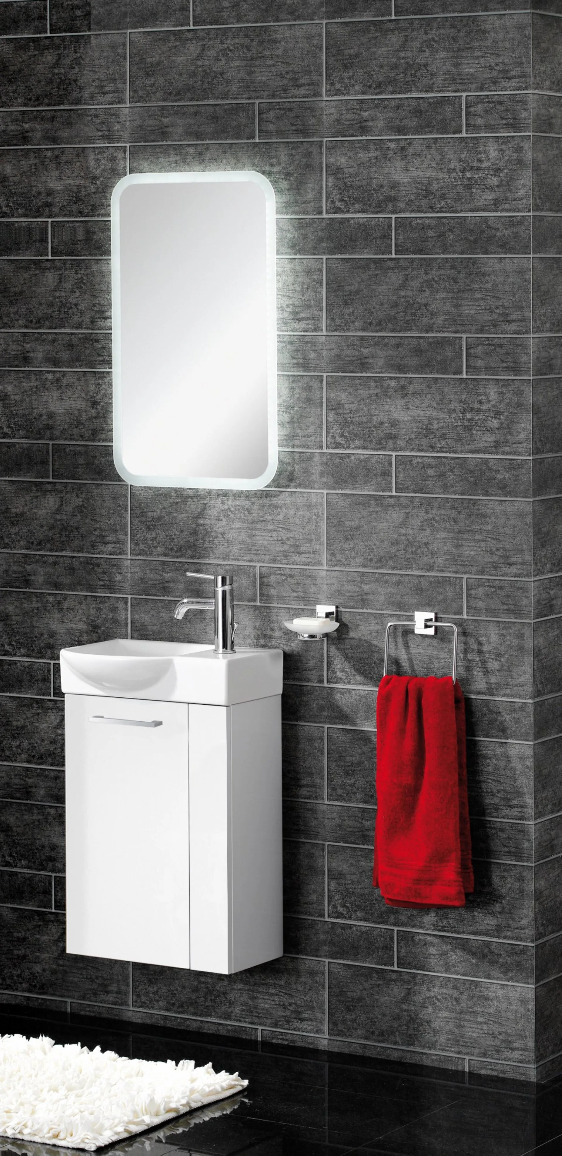 FACKELMANN SBC SCENO Gäste WC Waschtisch Set mit Spiegel 45 cm breit, Weiß, Waschbecken Keramik Weiß, Türanschlag links + Armatur