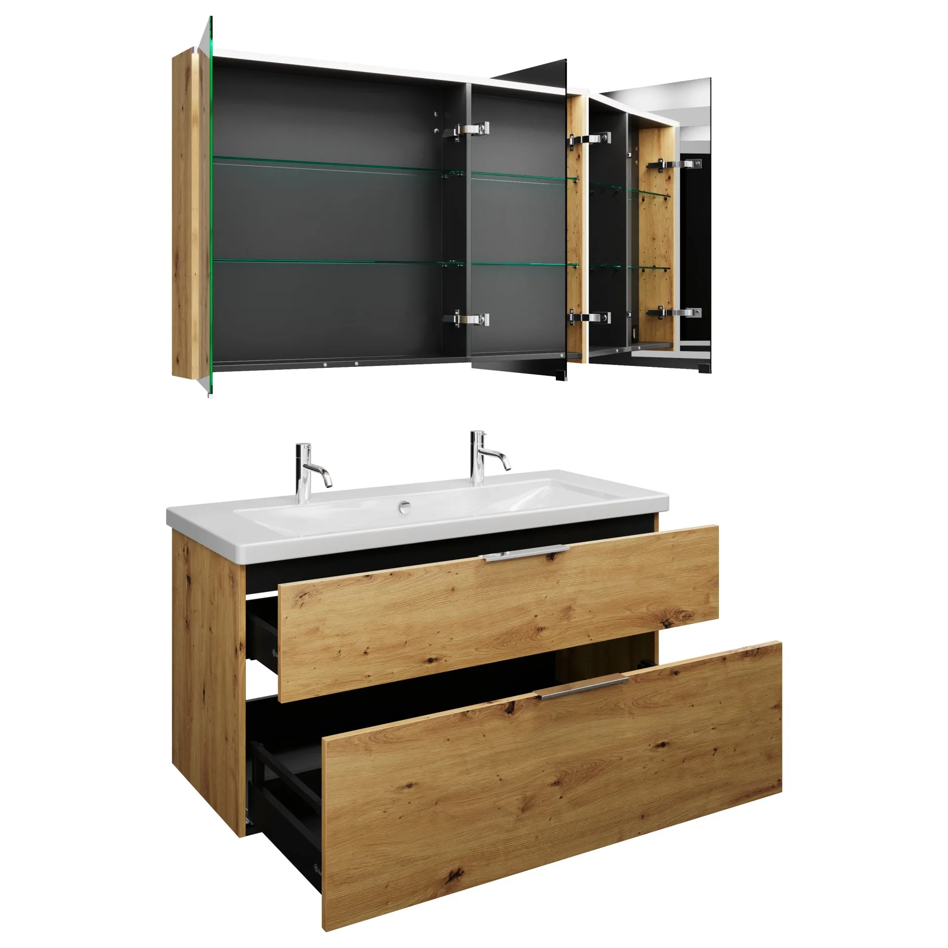 Burgbad EQIO Waschtisch Set mit Spiegelschrank 123 cm breit, Braun, Doppelwaschbecken Keramik Weiß, 3-türig Anschlag rechts
