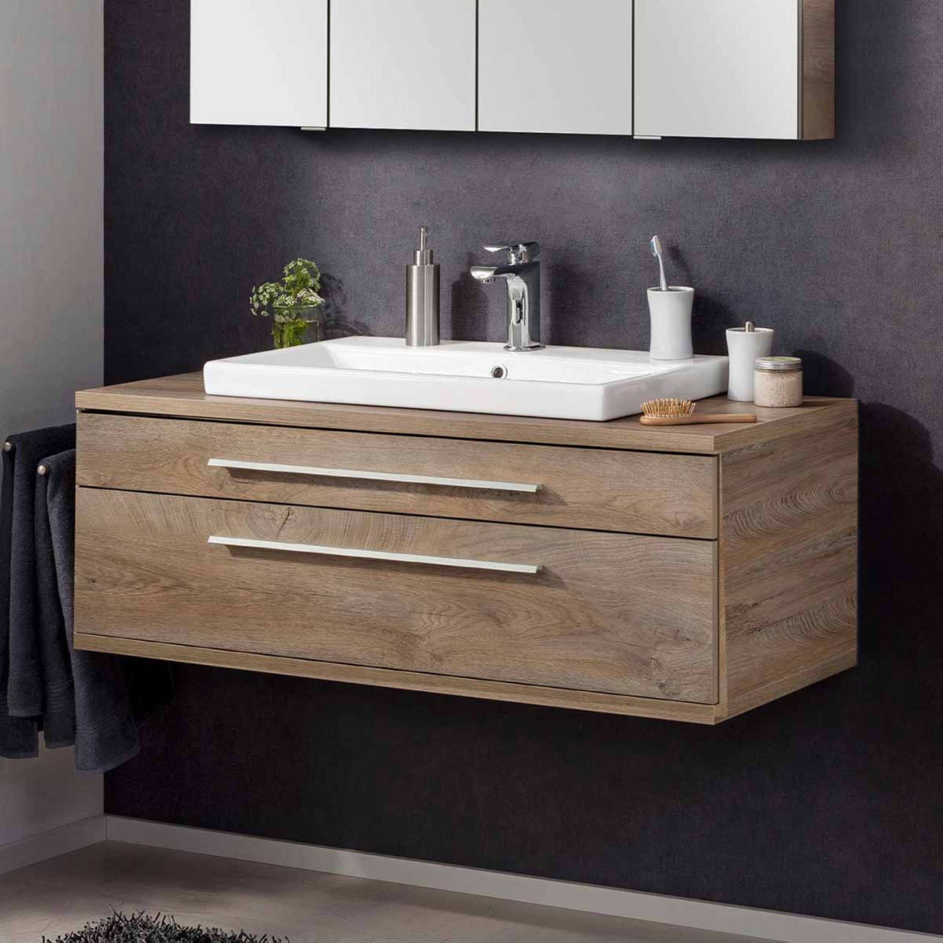 FACKELMANN STANFORD Waschbecken mit Unterschrank 110 cm breit, Braun hell, Waschbecken Keramik Weiß