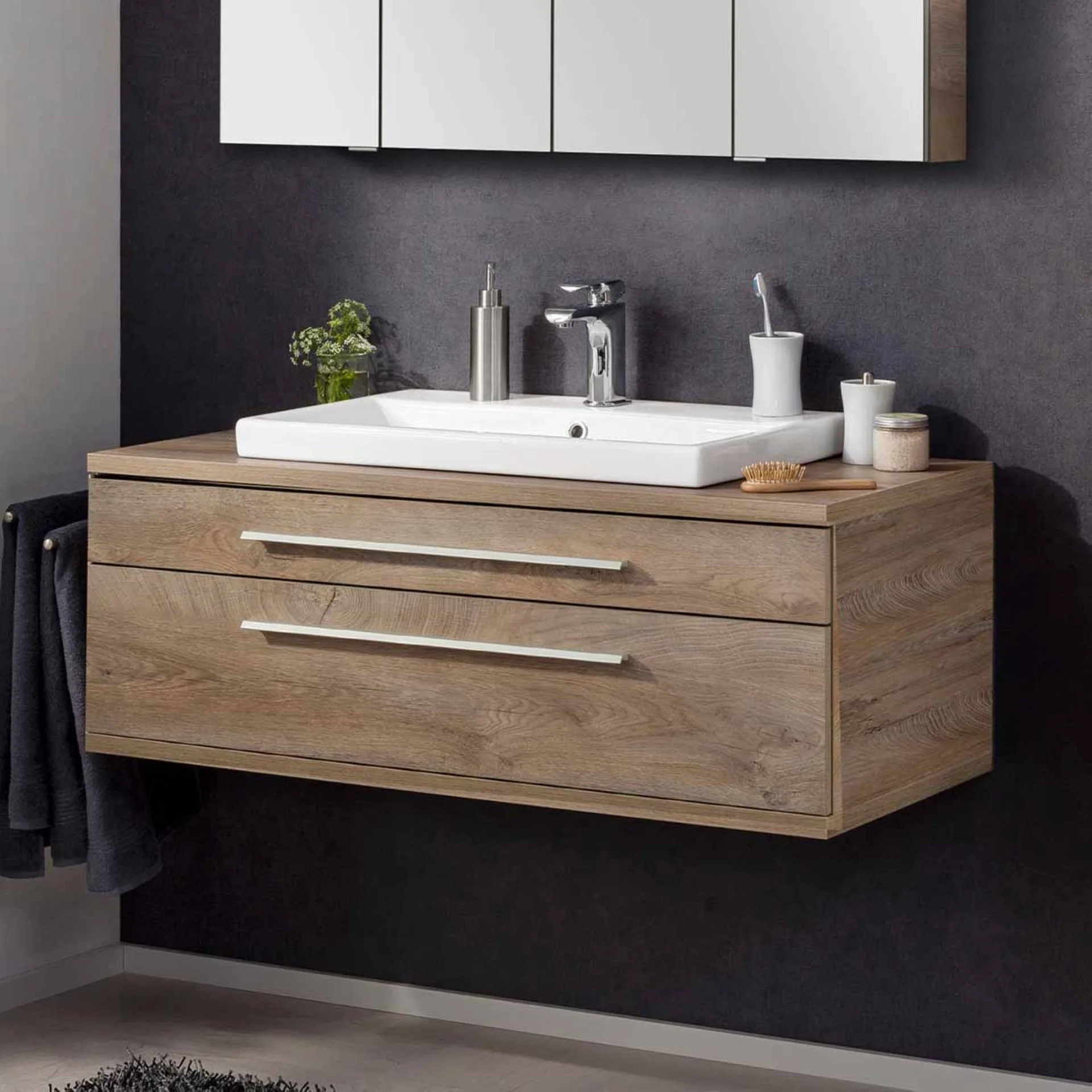FACKELMANN STANFORD Waschbecken mit Unterschrank 110 cm breit, Braun hell, Waschbecken Keramik Weiß