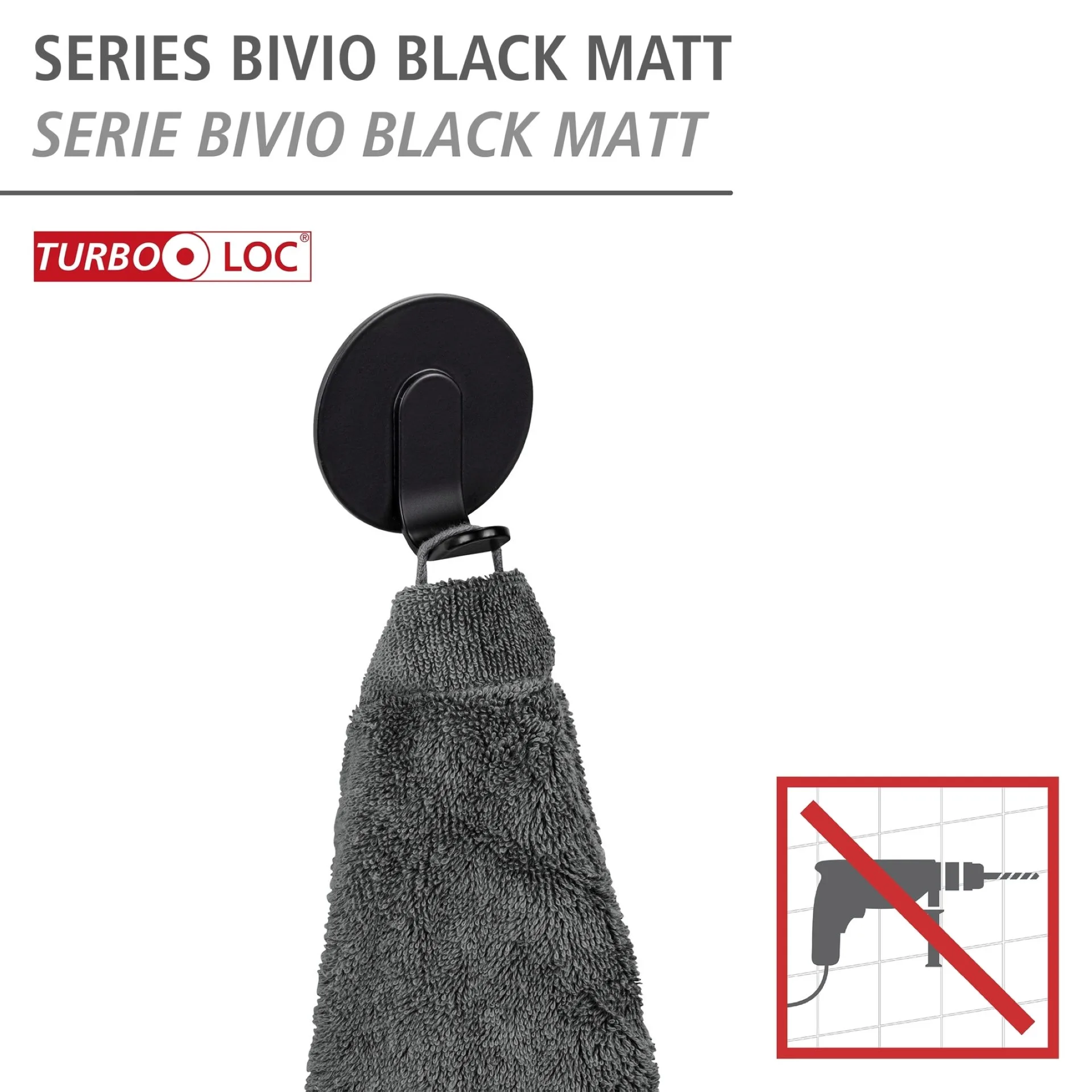 WENKO BIVIO Handtuchhaken, Schwarz matt, 3er Set, Aluminium