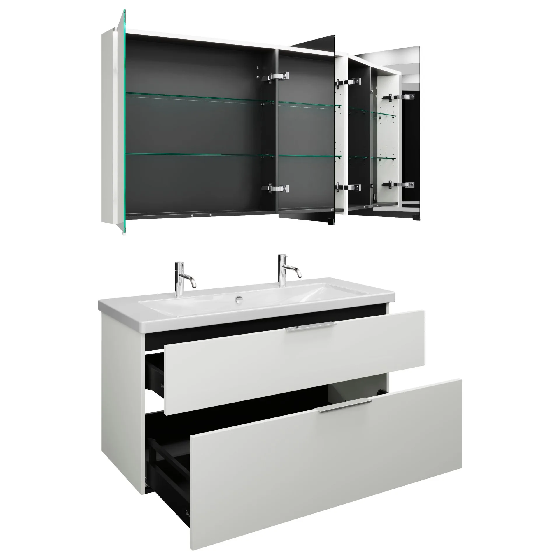 Burgbad EQIO Waschtisch Set mit Spiegelschrank 123 cm breit, Weiß Hochglanz, Doppelwaschbecken Keramik Weiß, 3-türig Anschlag rechts