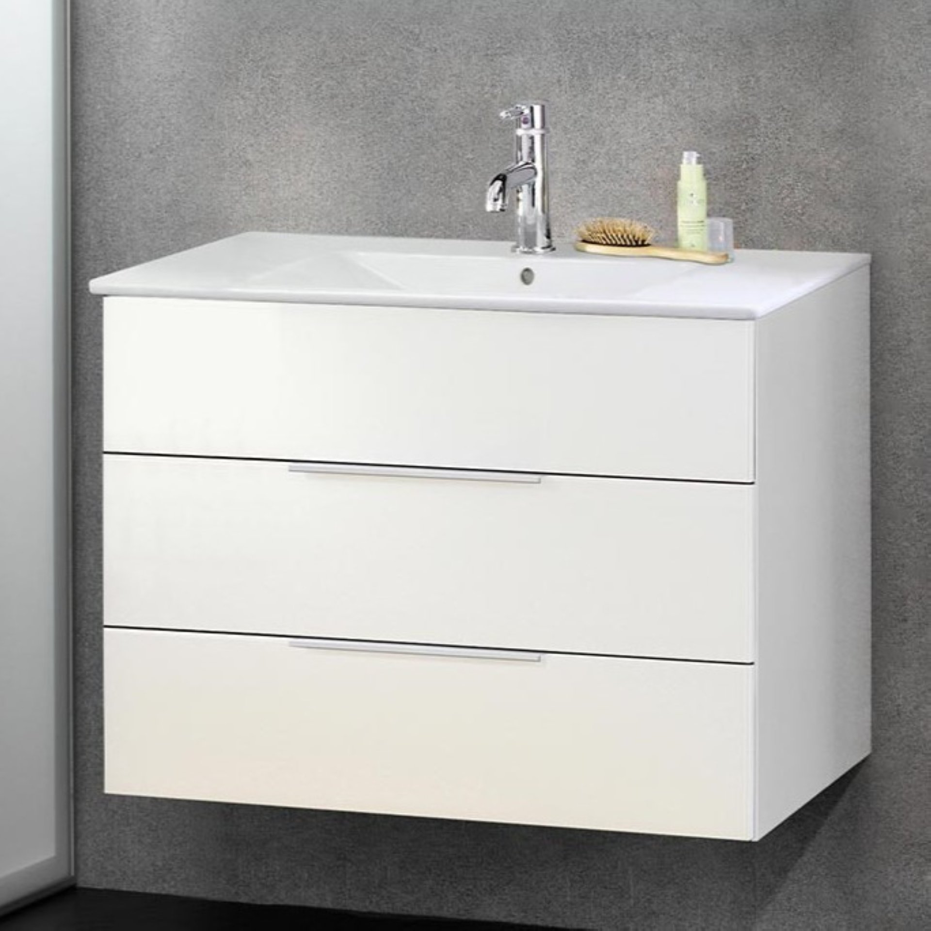 Fackelmann KARA Badmöbel Set 2-teilig 80cm, Weiß, Gussmarmor, 2 Schubladen