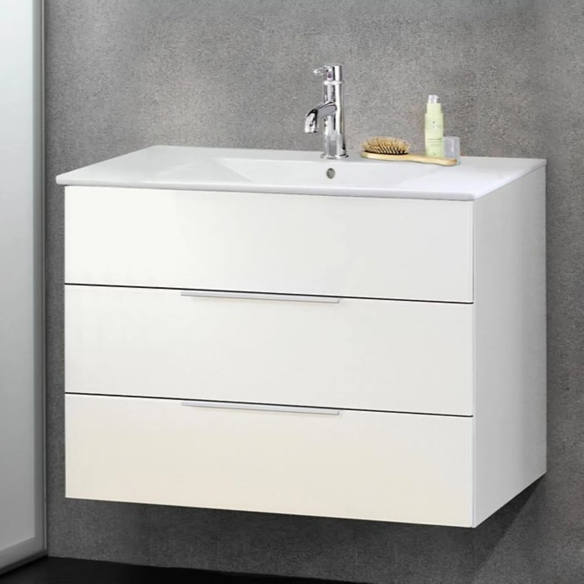 FACKELMANN KARA Waschbecken mit Unterschrank 80 cm breit, Weiß, Waschbecken Gussmarmor Weiß, 2 Schubladen