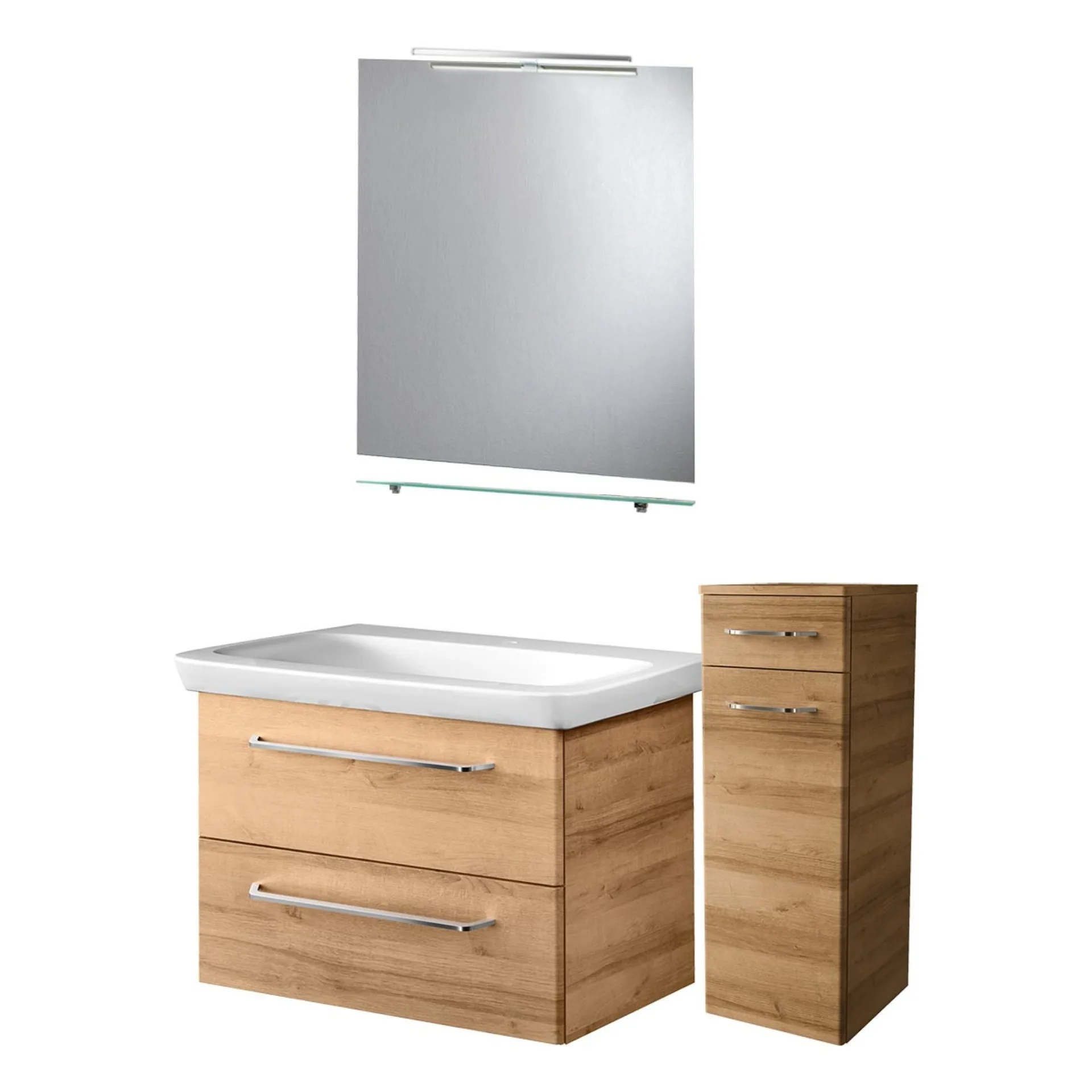 FACKELMANN MILANO Badmöbel Set 6-teilig 88 cm breit, Braun hell, Waschbecken Keramik Weiß + Midischrank + Glasablage + Spiegel + LED-Aufsatzleuchte