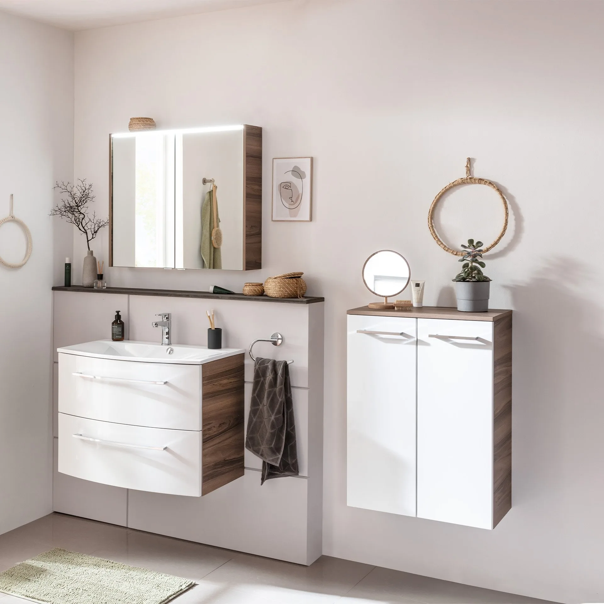 FACKELMANN VERONA Waschbecken mit Unterschrank 80 cm breit, Weiß/Braun Dunkel, Waschbecken Gussmarmor Weiß