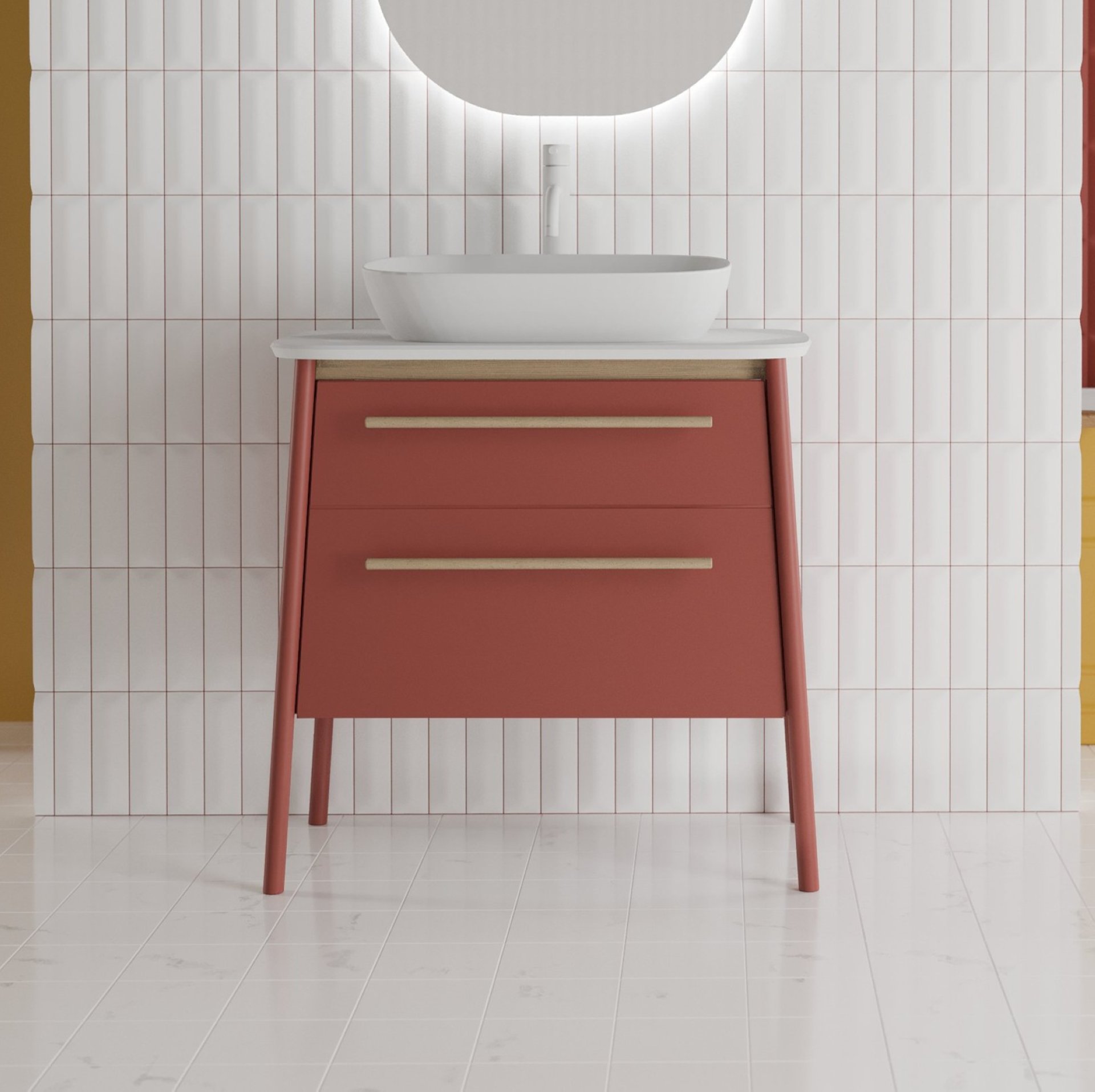 BADEDU TANA Waschbecken mit Unterschrank 80 cm breit, Rot matt, Waschbecken Gussmarmor Weiß, mit Füßen