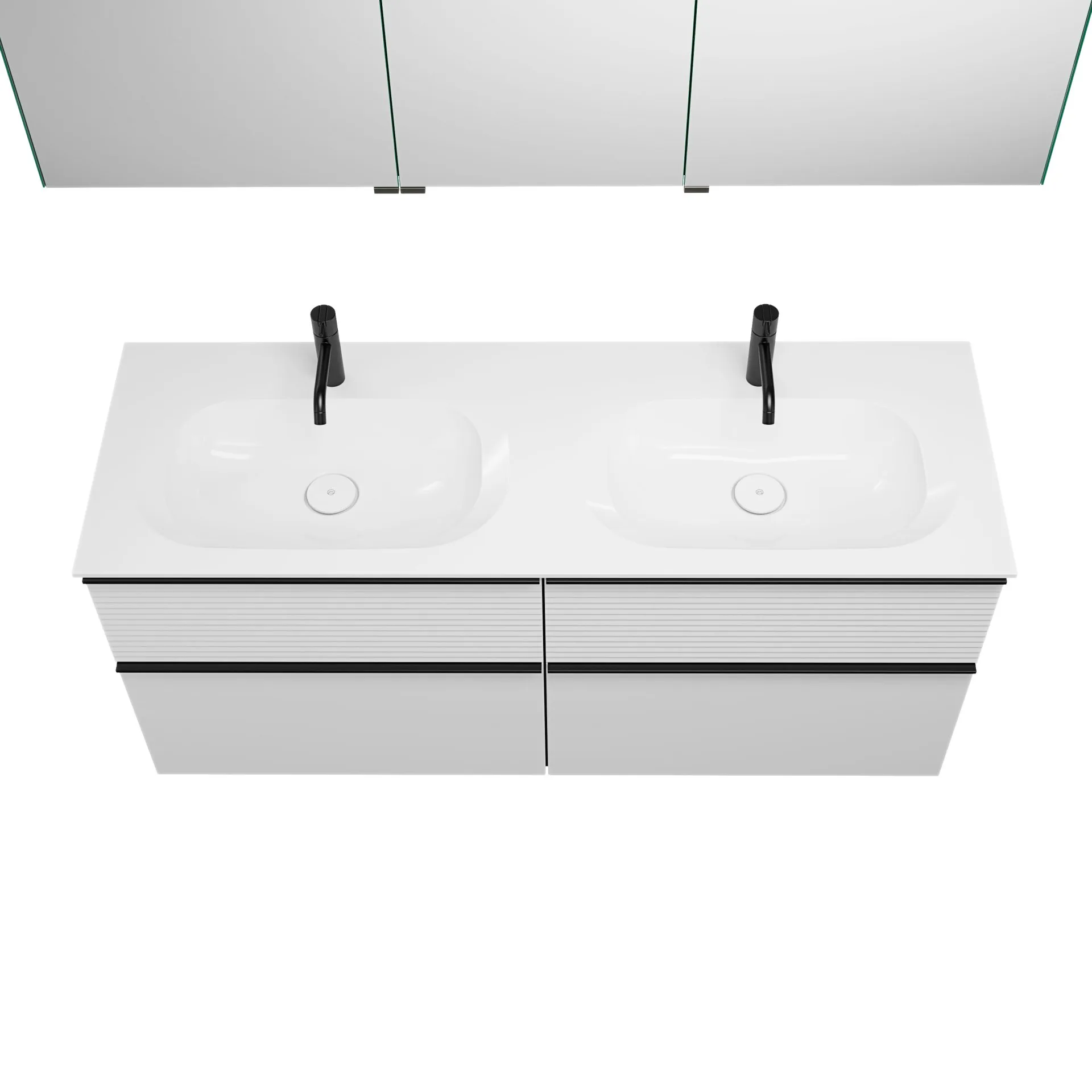 Burgbad FIUMO Waschtisch Set mit Spiegelschrank 142 cm breit, Weiß, Doppelwaschbecken Gussmarmor Weiß, 4 Schubladen, Anschlag rechts