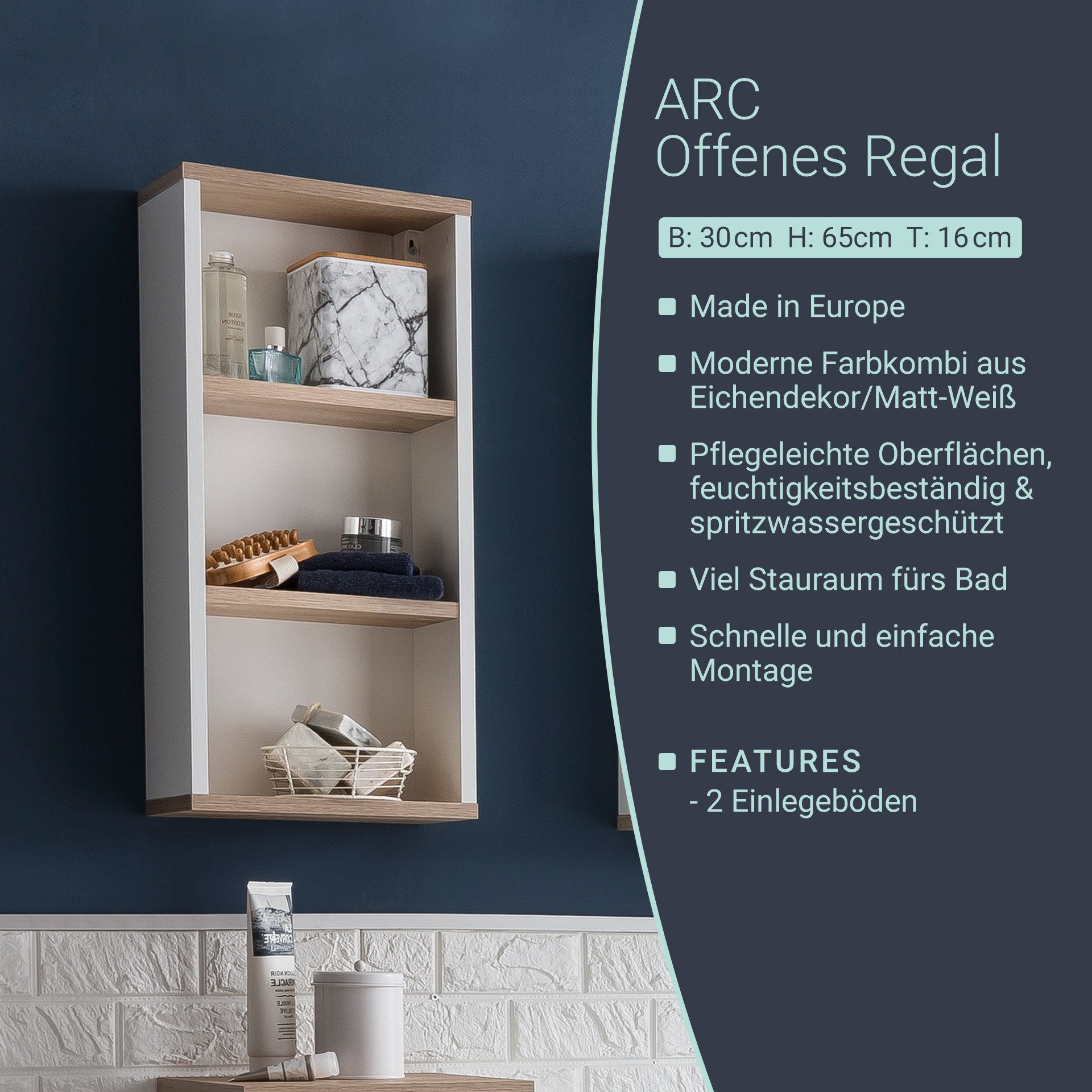 BadeDu ARC Badregal 30 cm, 3 Fächer, Weiß/Braun hell