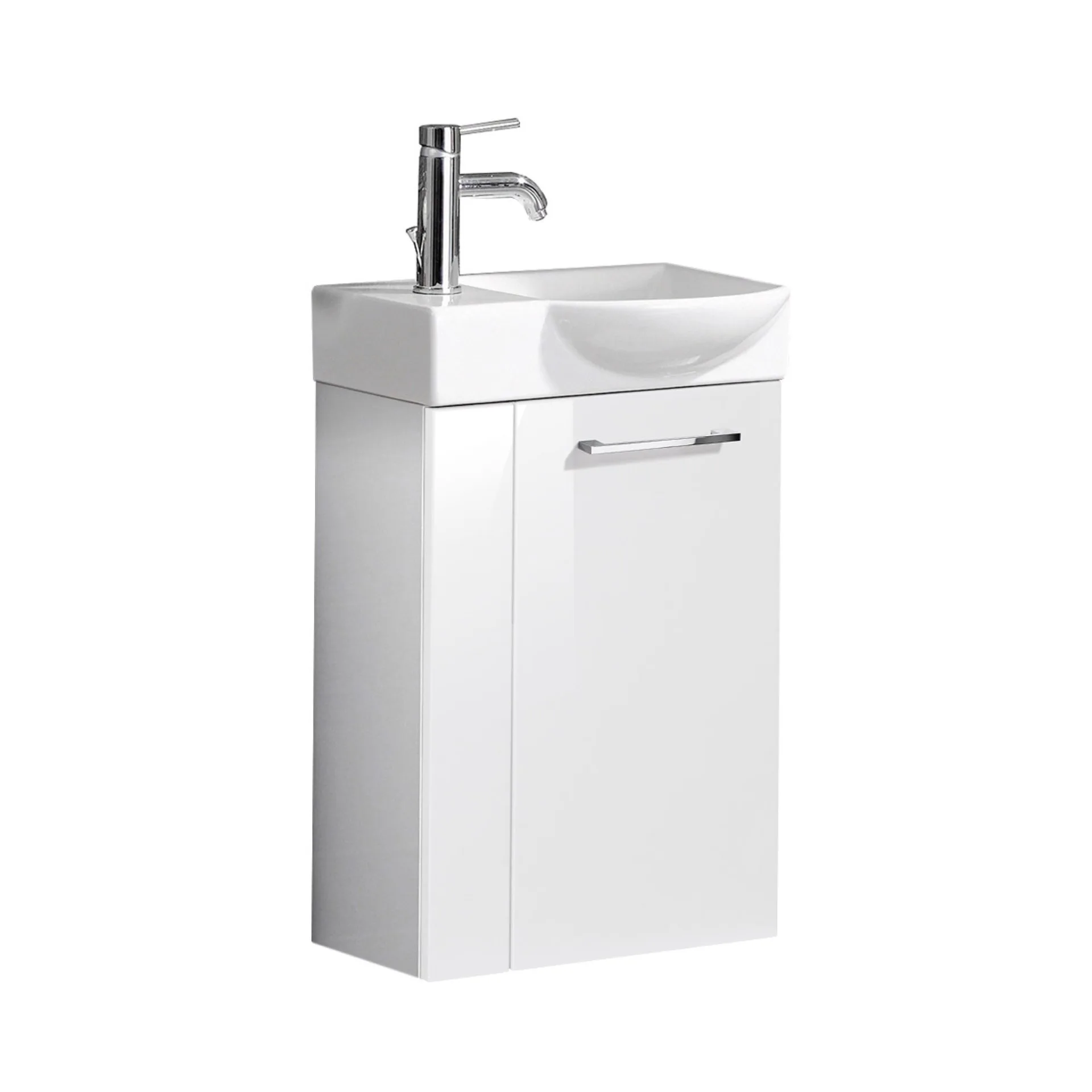 FACKELMANN SBC SCENO Waschbecken mit Unterschrank 45 cm breit, Weiß, Waschbecken Keramik Weiß, Türanschlag rechts + Armatur