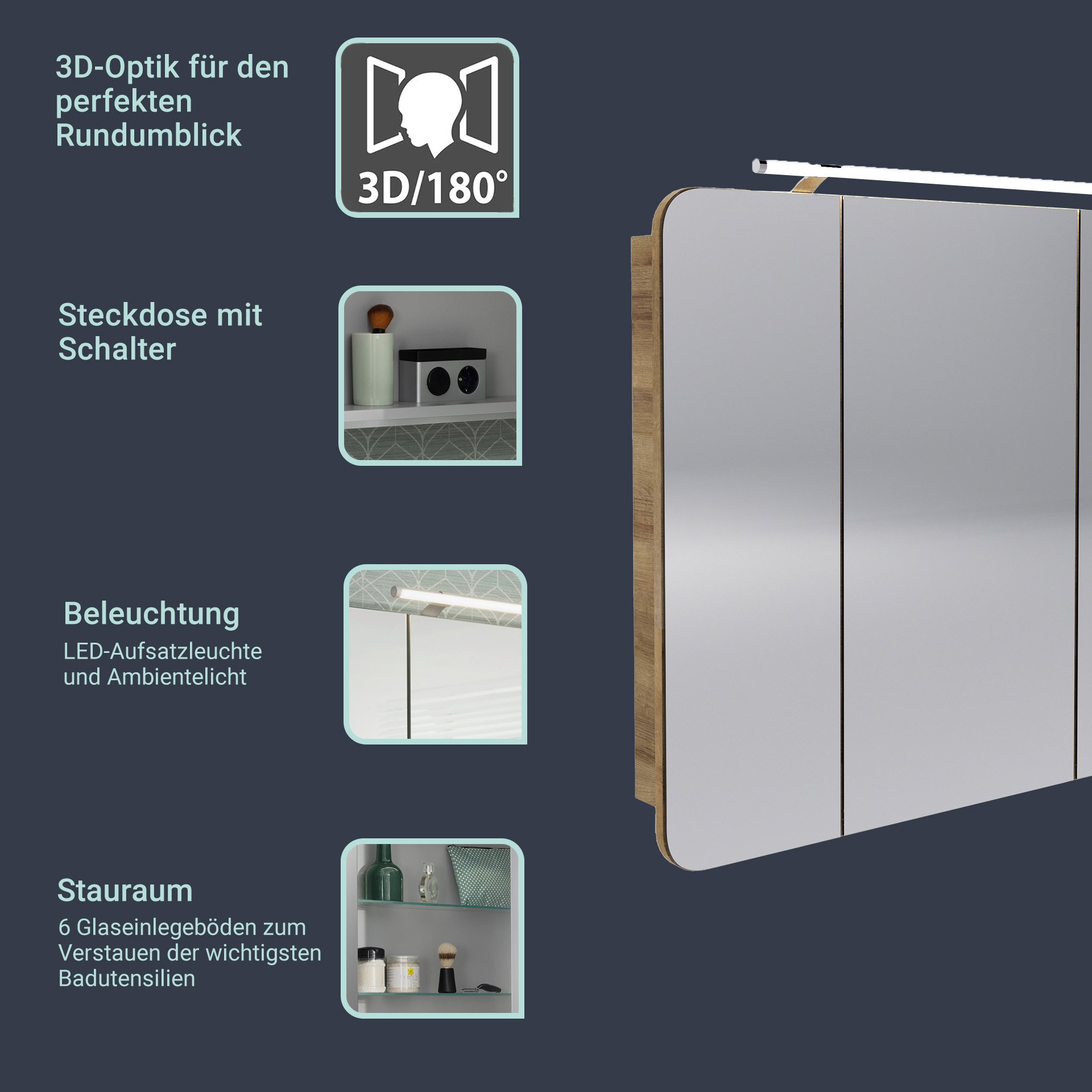 FACKELMANN MILANO Badmöbel Set 4-teilig 88 cm breit, Braun hell, Waschbecken Keramik Weiß + LED Spiegelschrank + Doppel Midischrank