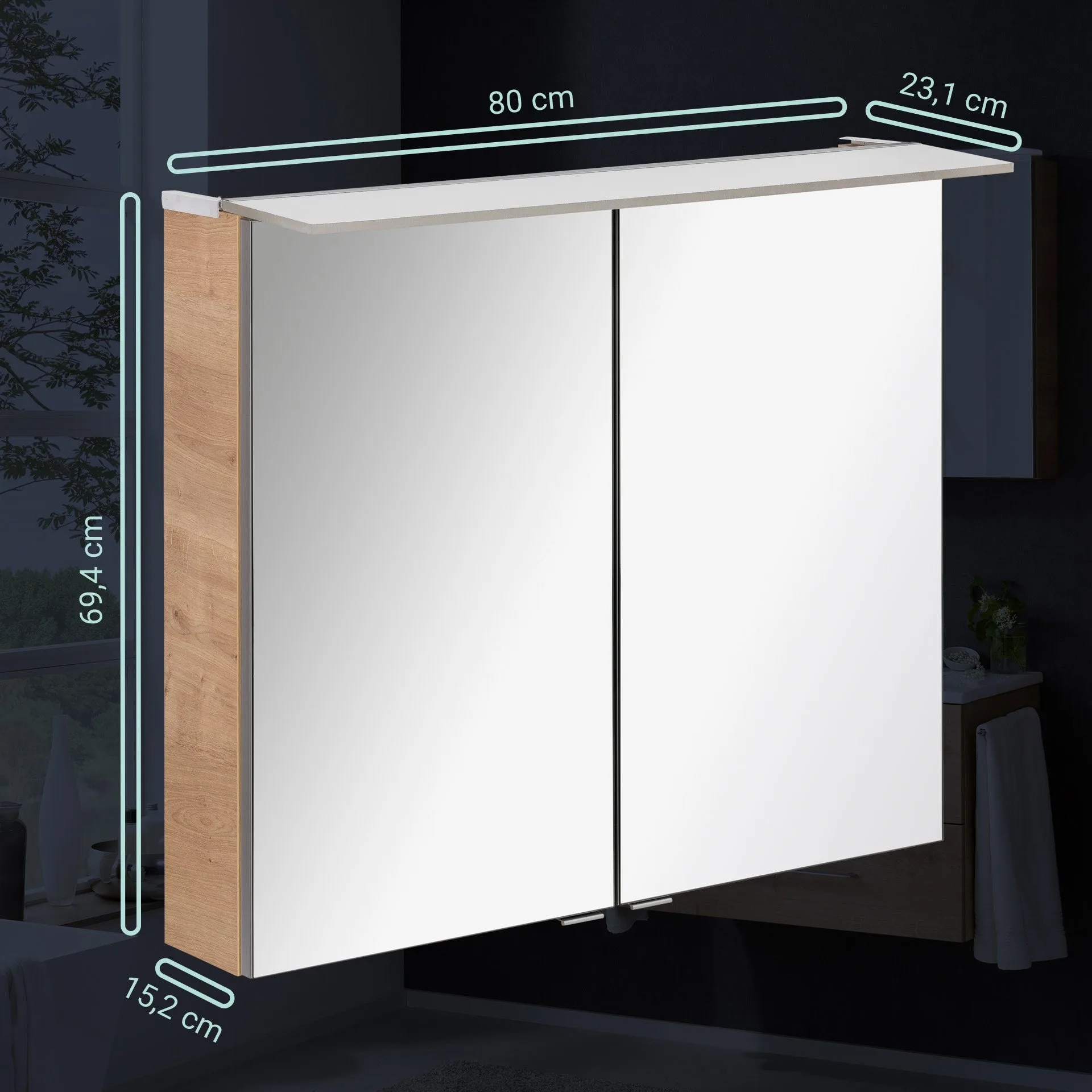Fackelmann B.PERFEKT LED Spiegelschrank 80 cm breit, Braun hell