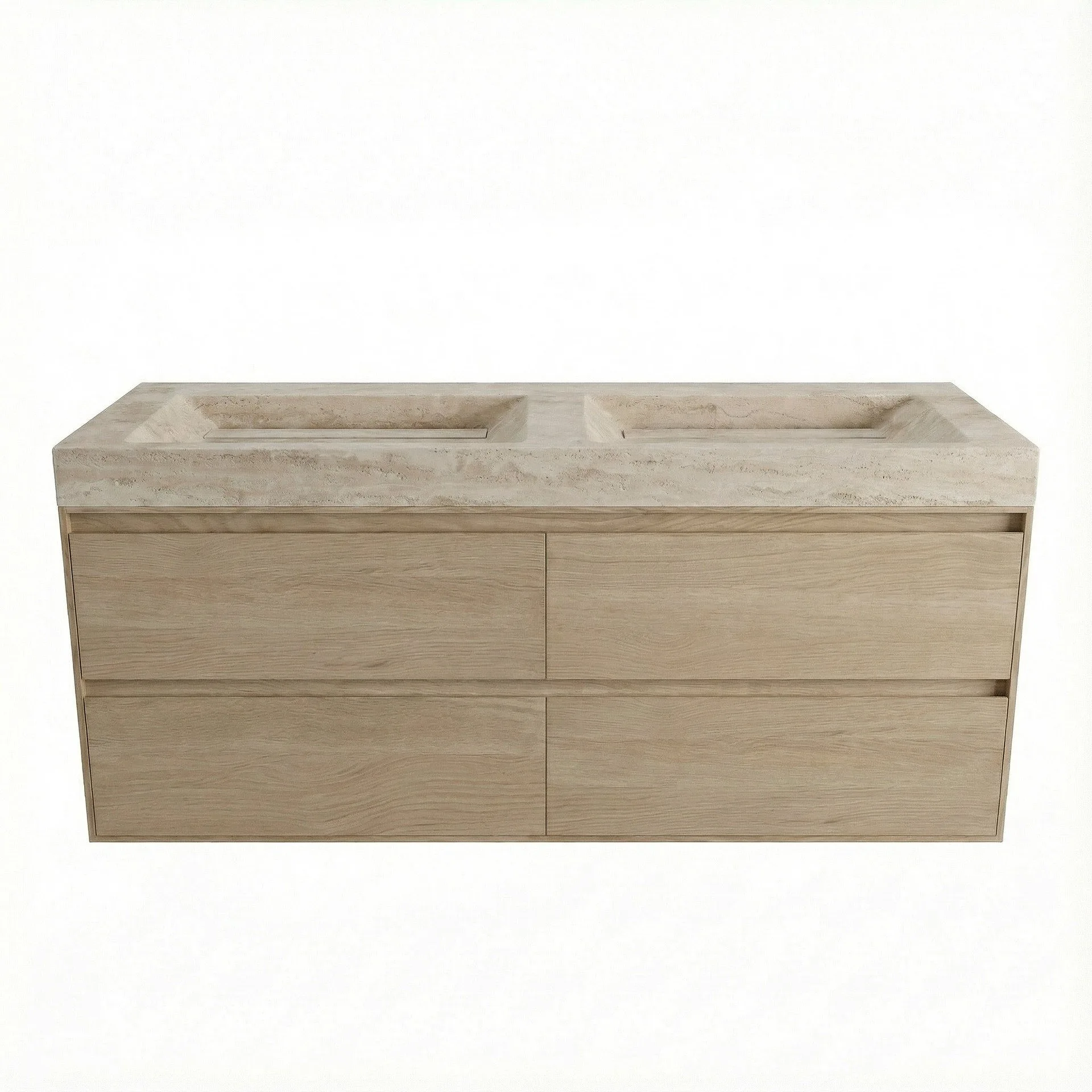 FORZALAQUA IBIZA BELLEZZA Waschbecken mit Unterschrank 140 cm breit, Braun hell, Doppelwaschbecken Naturstein Travertin matt ohne Hahnloch, 4 Schubladen