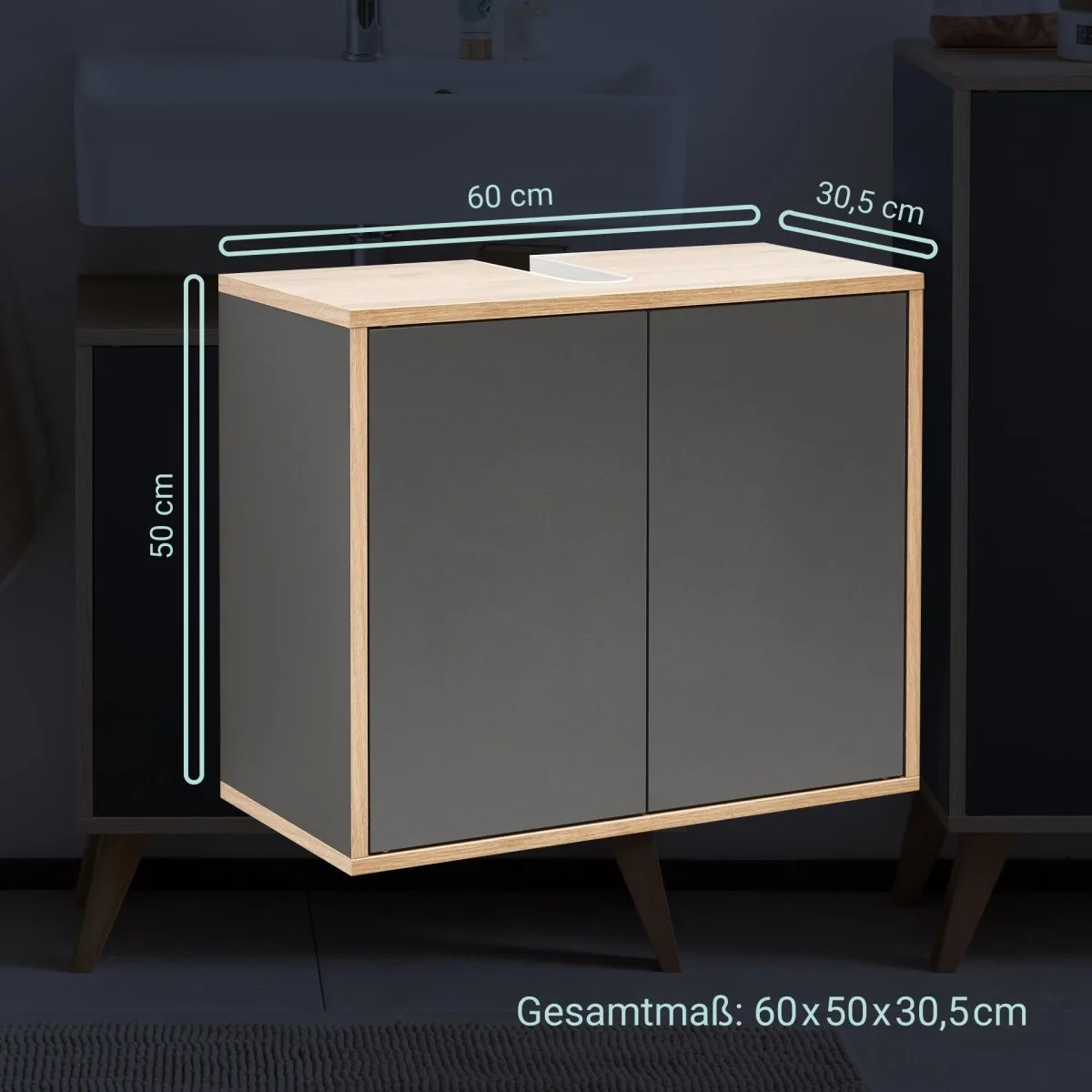 FACKELMANN FINN Waschbecken mit Unterschrank 60 cm breit, Anthrazit/Braun hell, Waschbecken Keramik Weiß