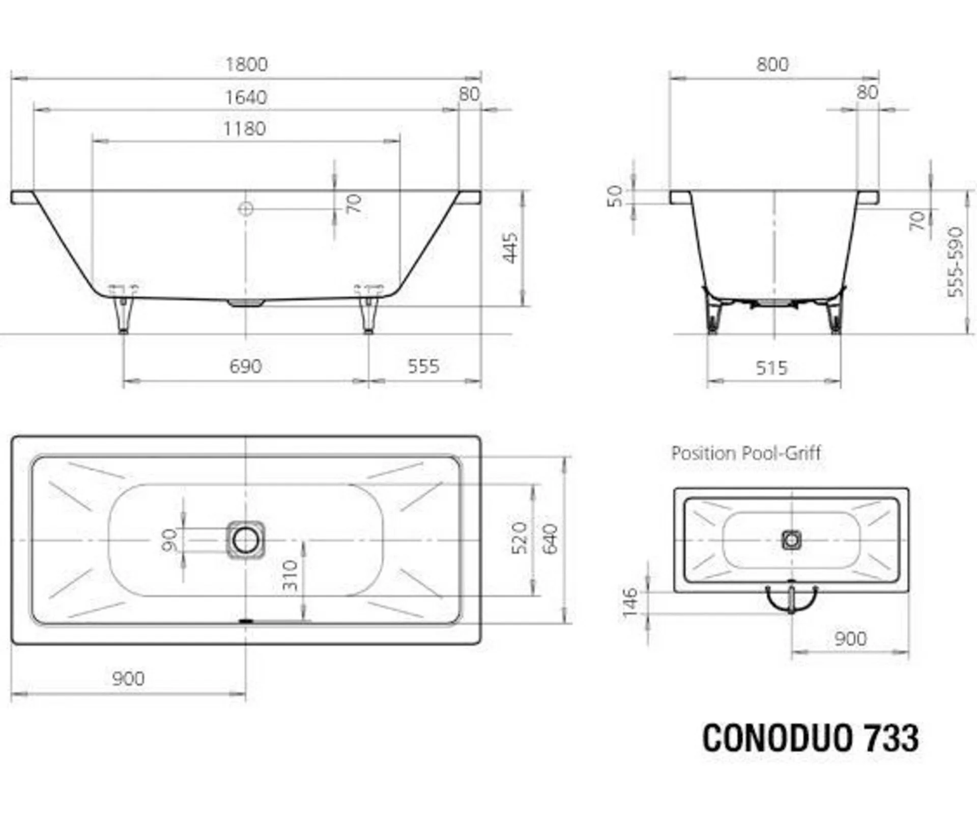 KALDEWEI CONODUO Badewanne 180 cm breit, Weiß, Mod. 733