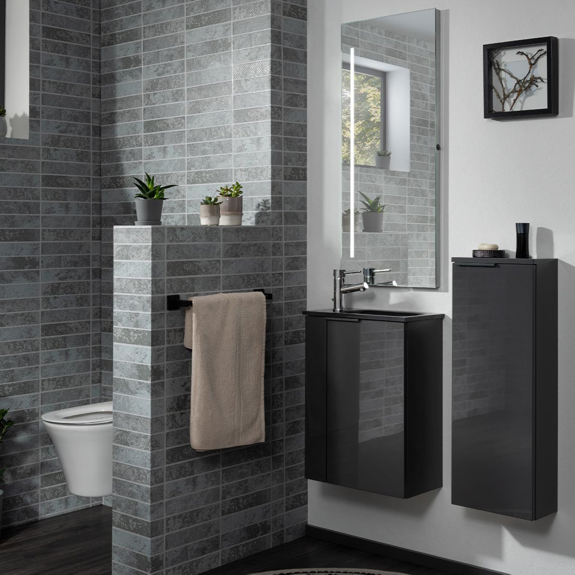 FACKELMANN SBC LUNA Gäste WC Waschtisch Set 45 cm breit, Anthrazit, Waschbecken Glas Anthrazit, Türanschlag rechts