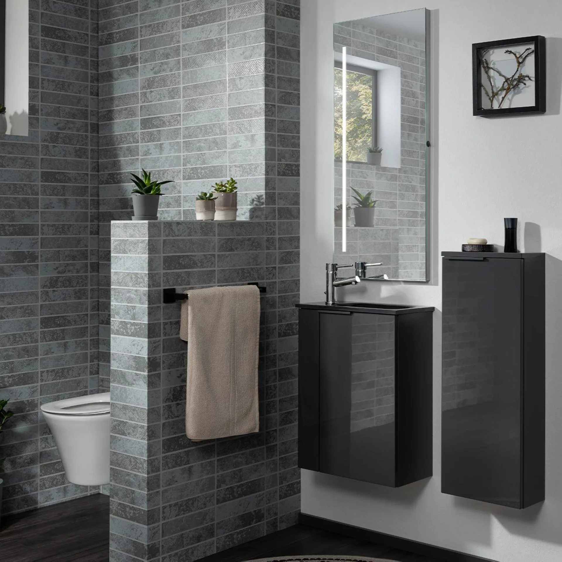 FACKELMANN SBC LUNA Gäste WC Waschtisch Set 45 cm breit, Anthrazit, Waschbecken Glas Anthrazit, Türanschlag rechts