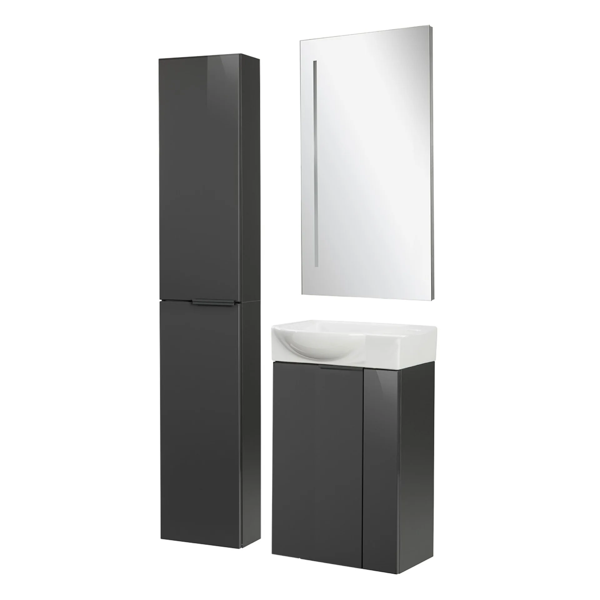 FACKELMANN SBC LUNA Gäste WC Set 4-teilig 45 cm breit, Anthrazit, Waschbecken Keramik Weiß + LED Spiegel + Hochschrank slim, Türanschlag links