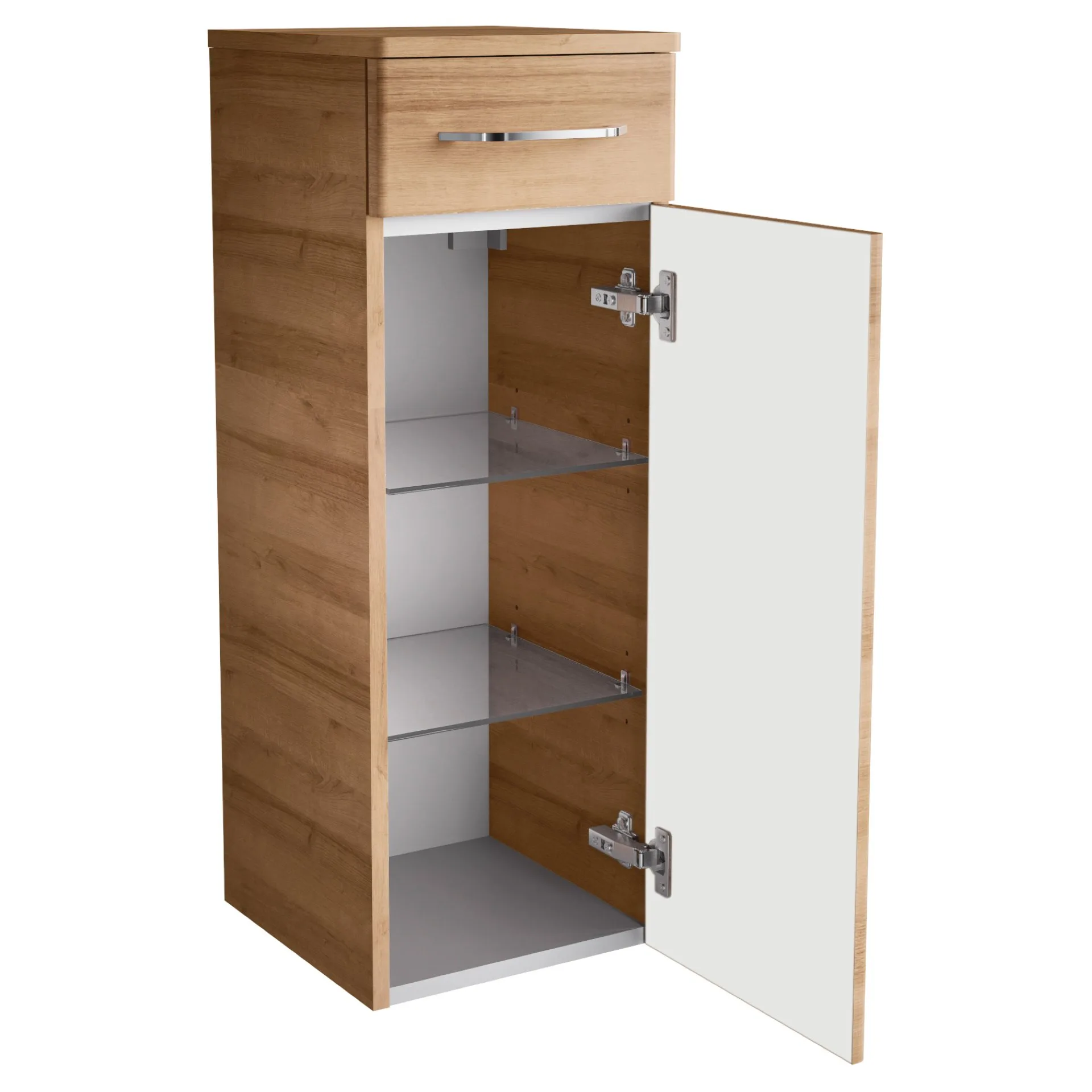 FACKELMANN MILANO Badmöbel Set 6-teilig 88 cm breit, Braun hell, Waschbecken Keramik Weiß + Midischrank + Glasablage + Spiegel + LED-Aufsatzleuchte