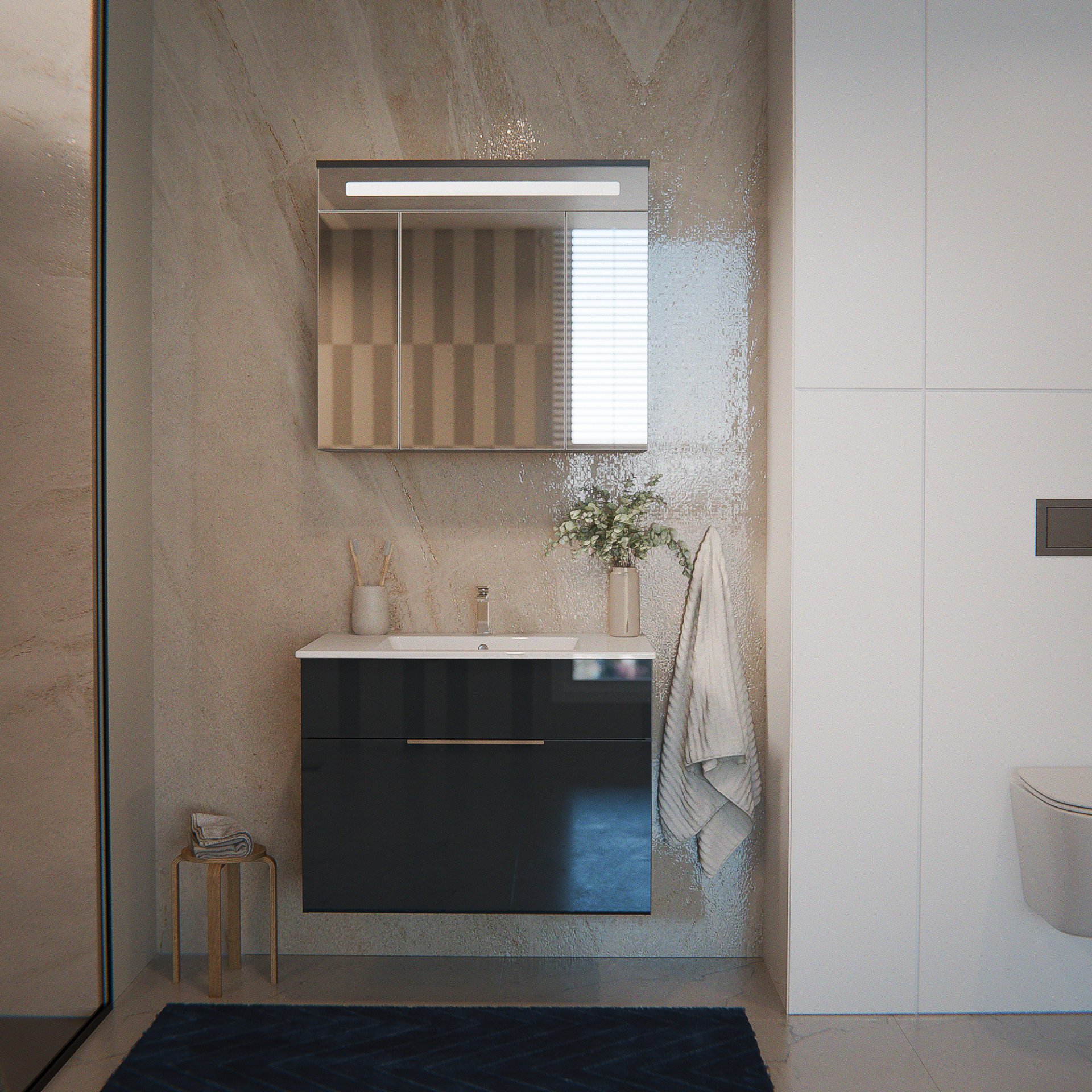 FACKELMANN KARA Waschtisch Set mit Spiegelschrank 80 cm breit, Anthrazit, Waschbecken Keramik Weiß, 1 Schublade