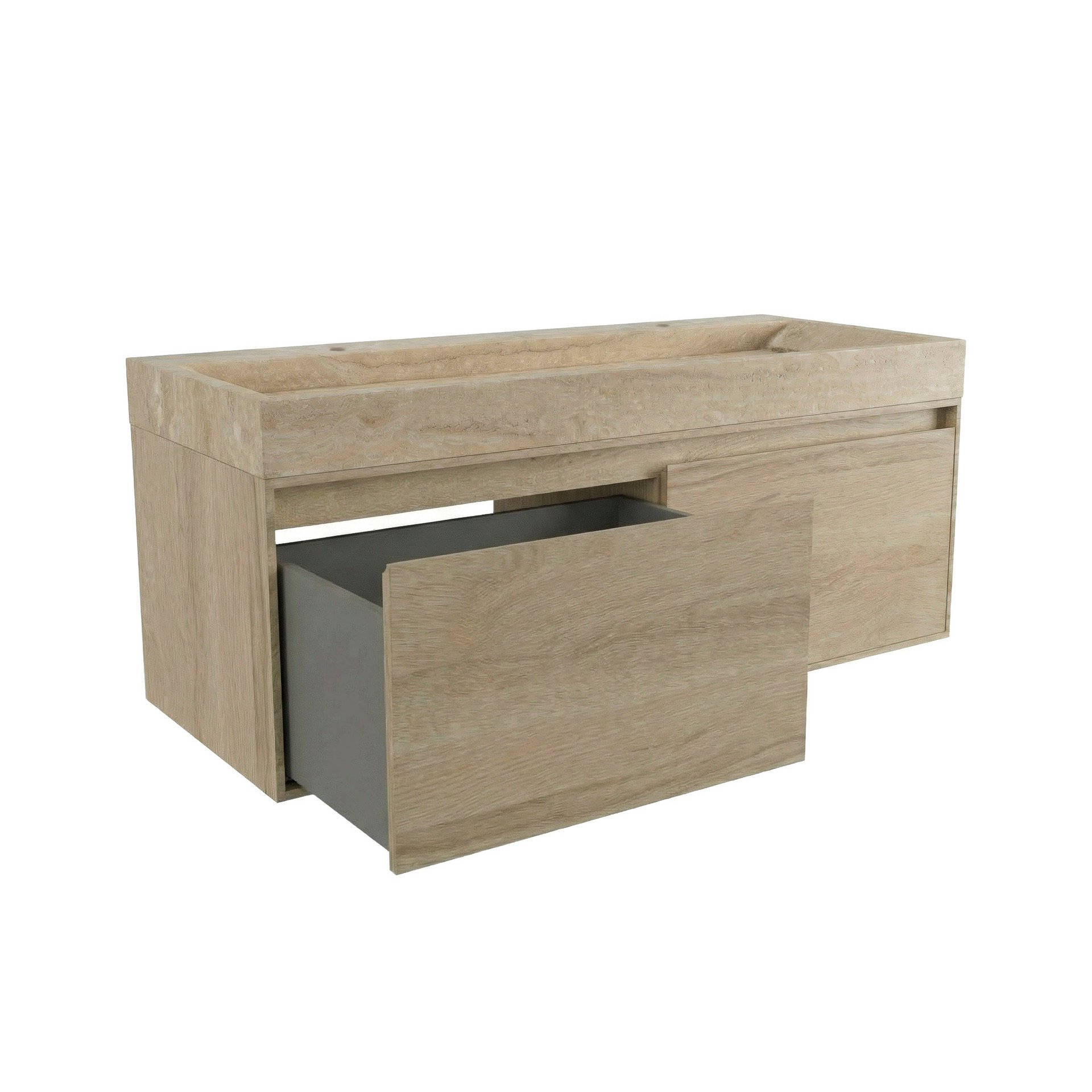 FORZALAQUA IBIZA BELLEZZA Waschbecken mit Unterschrank 120 cm breit , Braun hell, Natursteinwaschbecken Travertin matt mit zwei Hahnlöchern, 2 Schubladen