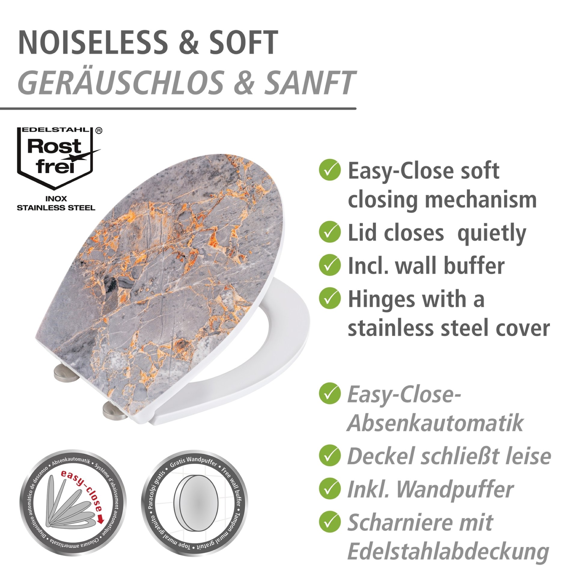 WENKO MARBLE WC-Ssitz, Grau, mit Absenkautomatik