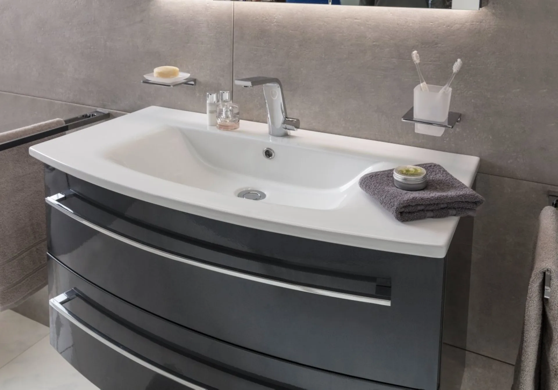 LANZET IMPULSO Waschtisch Set mit Spiegelschrank 90 cm breit, Anthrazit, Waschbecken Keramik Weiß