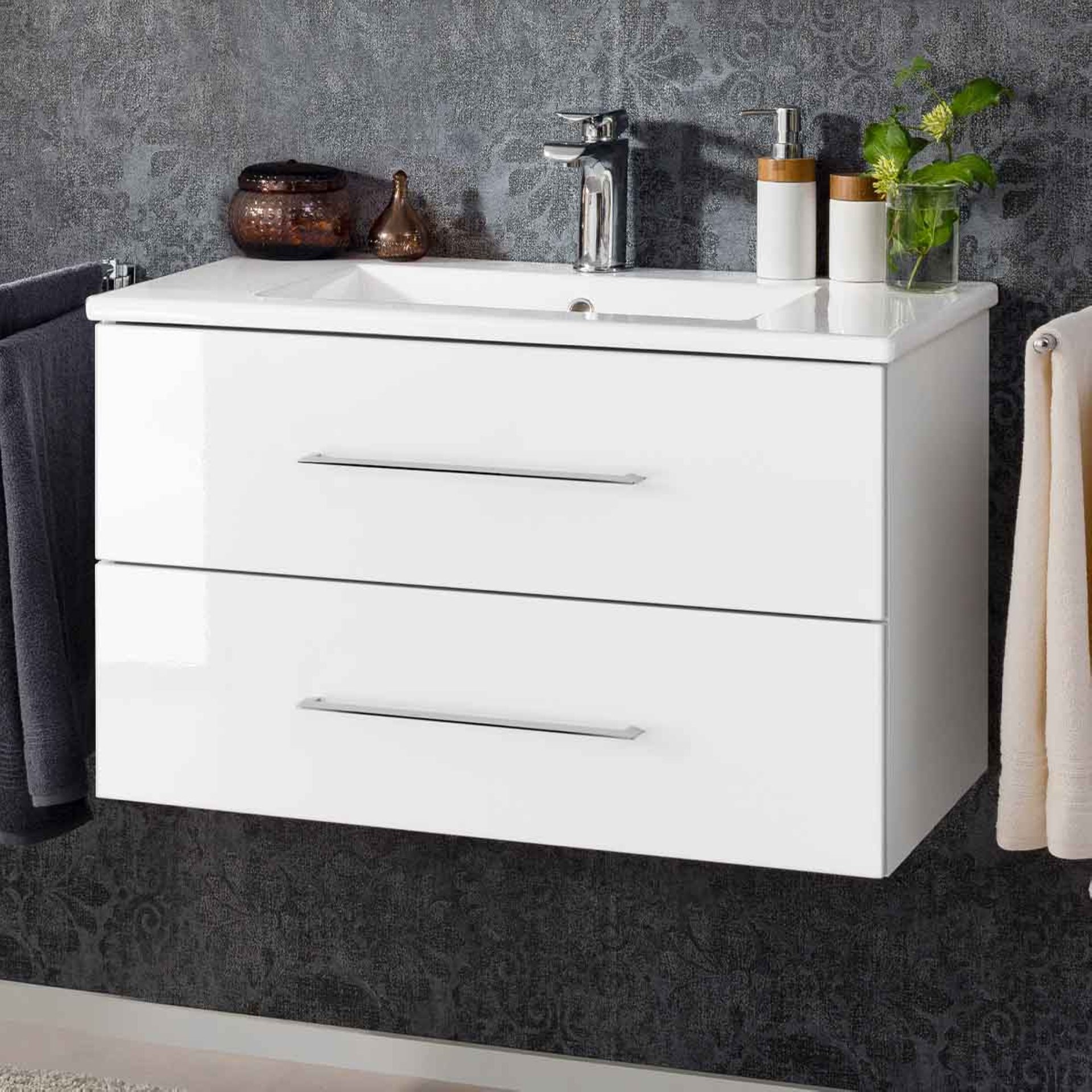 FACKELMANN B.PERFEKT Waschbecken mit Unterschrank 82 cm breit, Weiß, Waschbecken Keramik Weiß