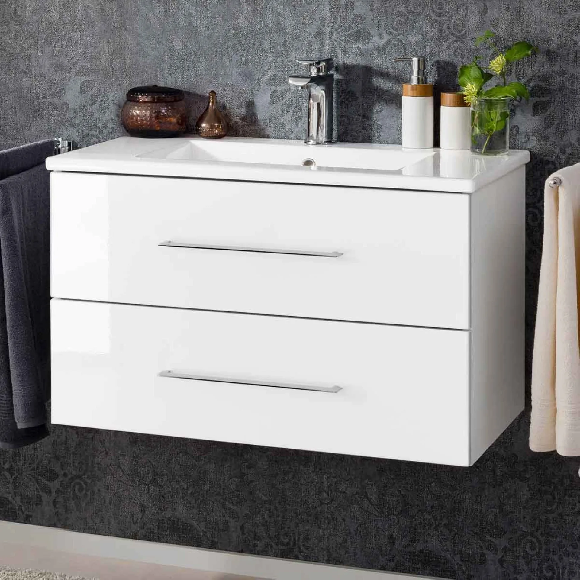 FACKELMANN B.PERFEKT Waschbecken mit Unterschrank 82 cm breit, Weiß, Waschbecken Keramik Weiß
