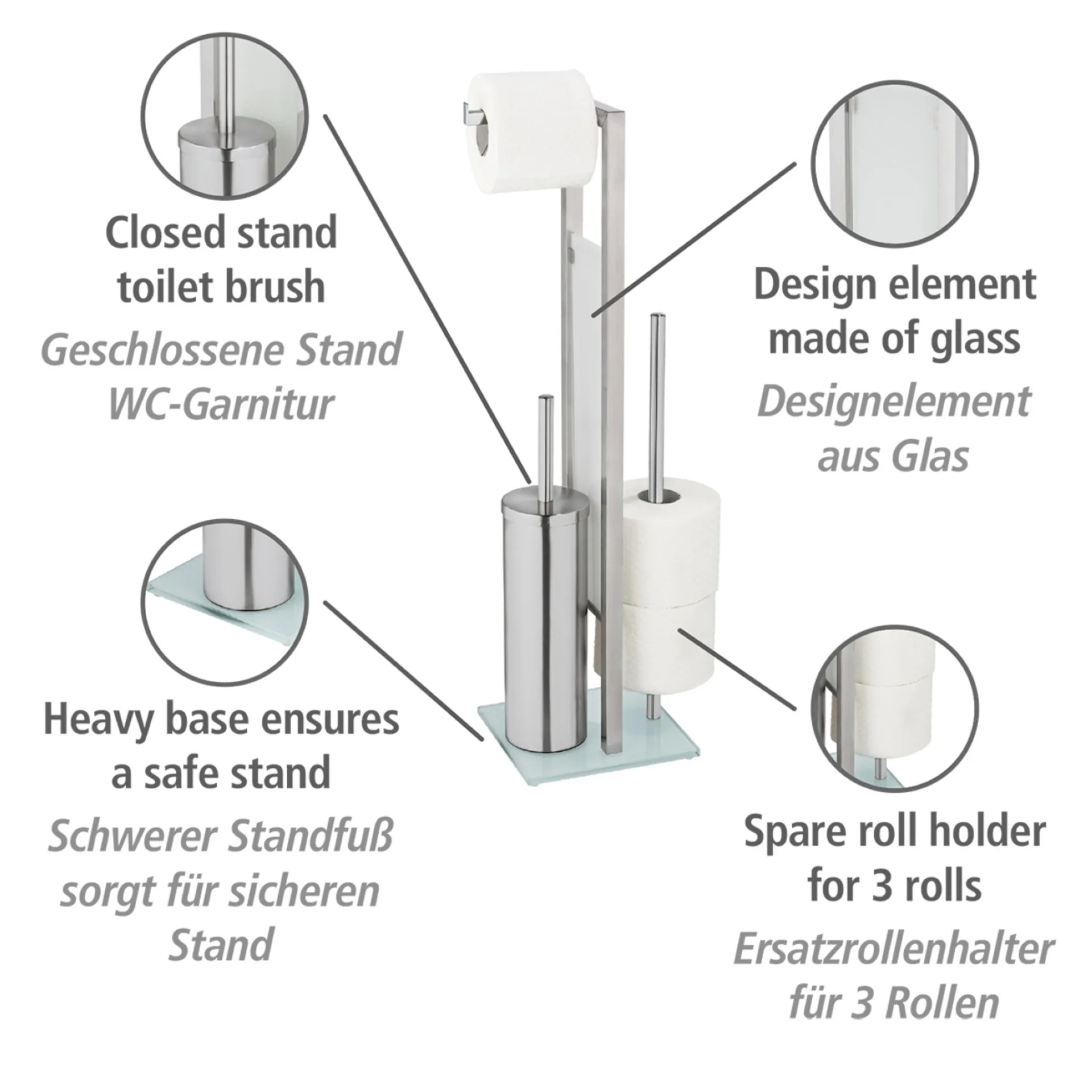 WENKO RIVALTA WC-Garnitur, Silber, mit Toilettenpapierhalter und Bevorrater, stehend