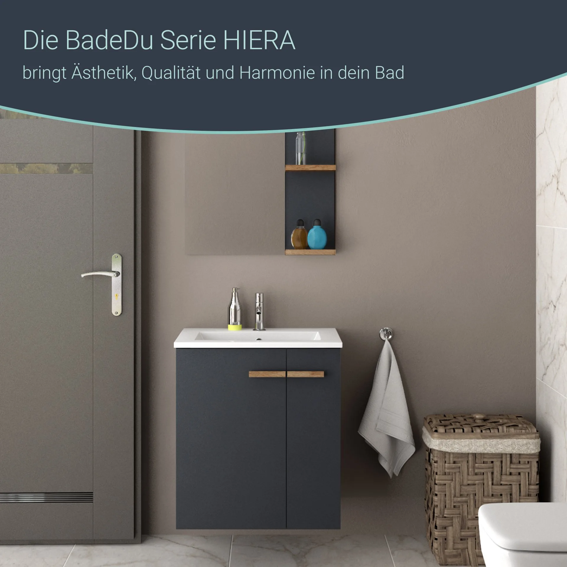 BADEDU HIERA Waschbecken mit Unterschrank 60 cm breit, Anthrazit, Waschbecken Keramik Weiß