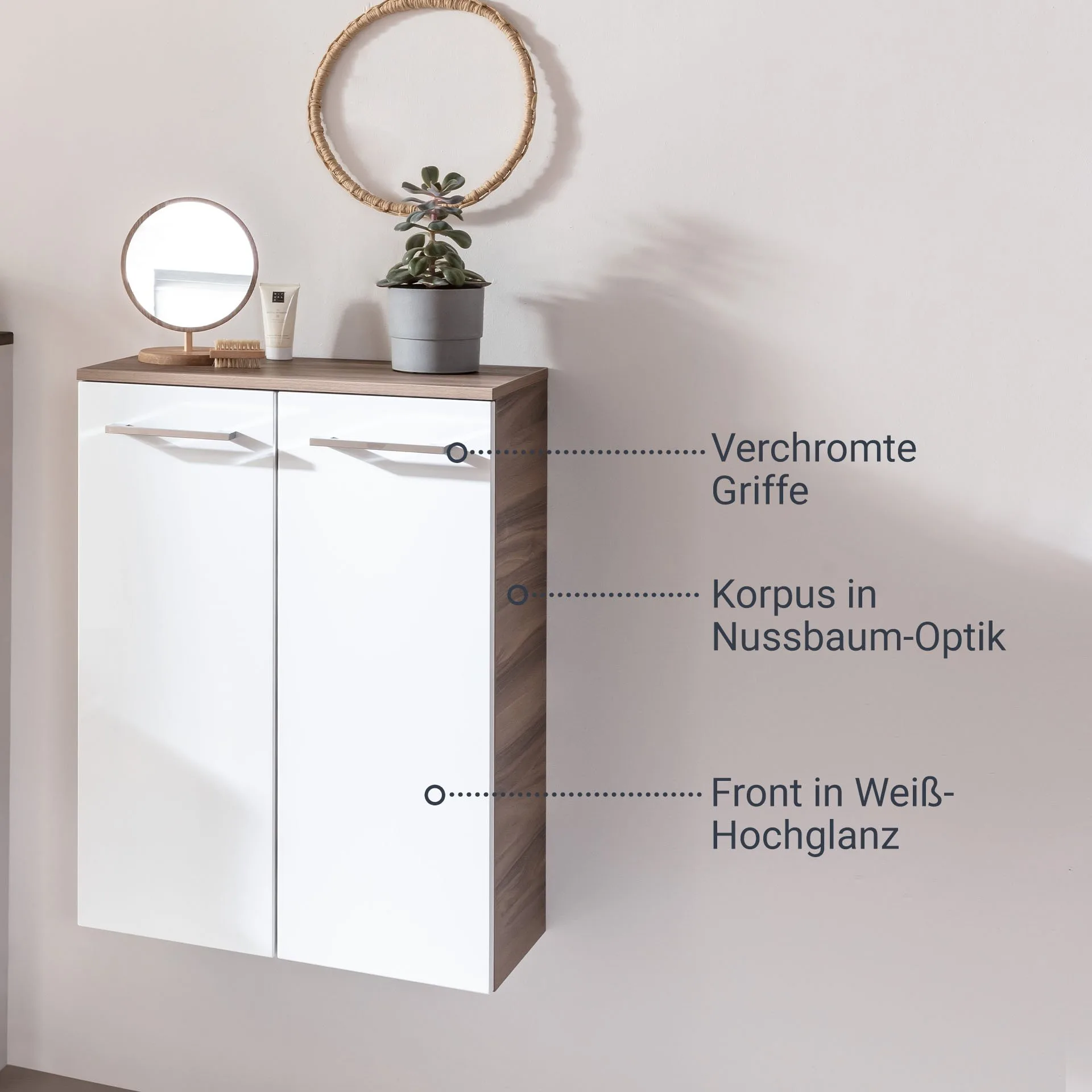 FACKELMANN VERONA Doppel Midischrank 60 cm breit, Weiß Hochglanz/Braun Dunkel, mit Schublade