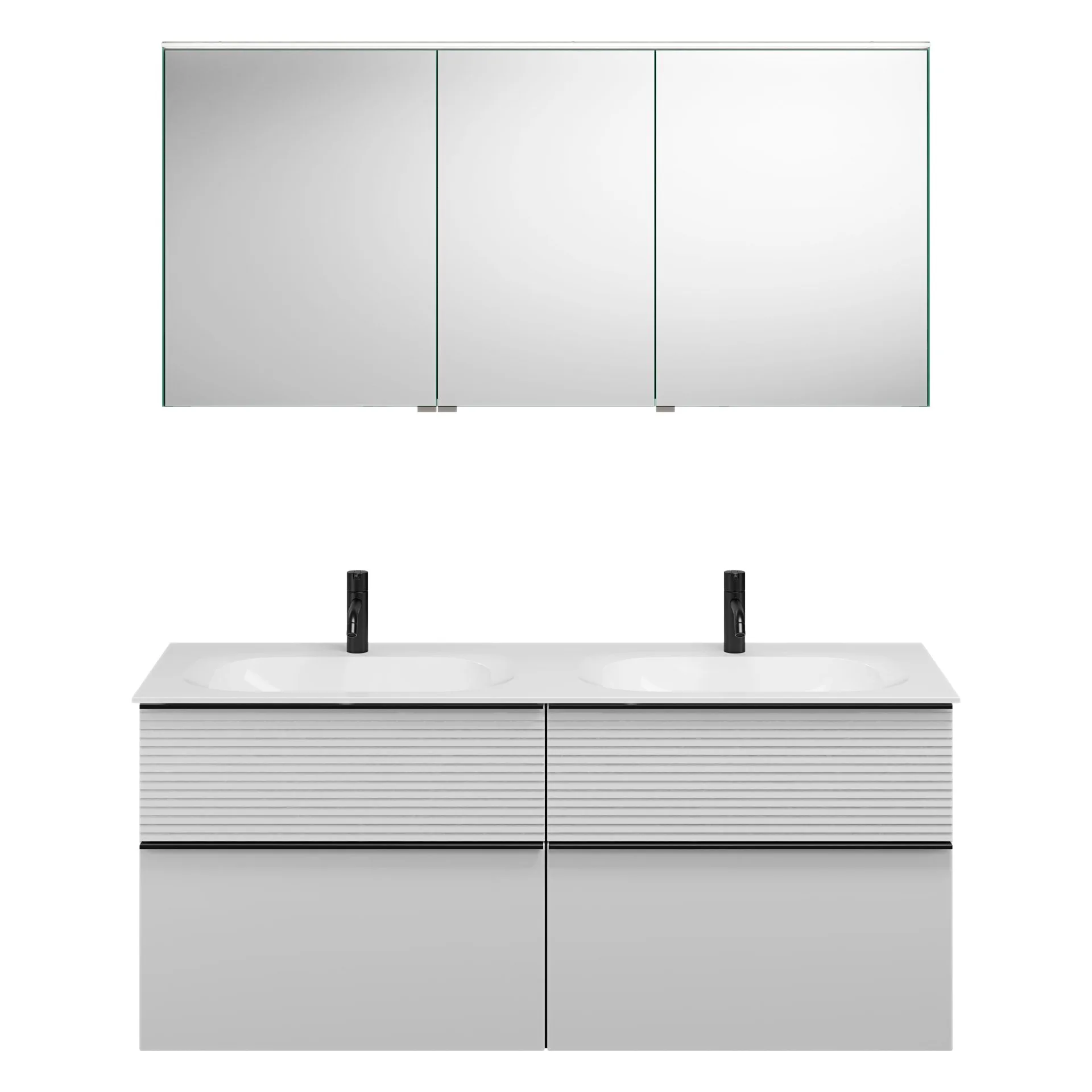 Burgbad FIUMO Waschtisch Set mit Spiegelschrank 142 cm breit, Weiß, Doppelwaschbecken Gussmarmor Weiß, 4 Schubladen, Anschlag rechts