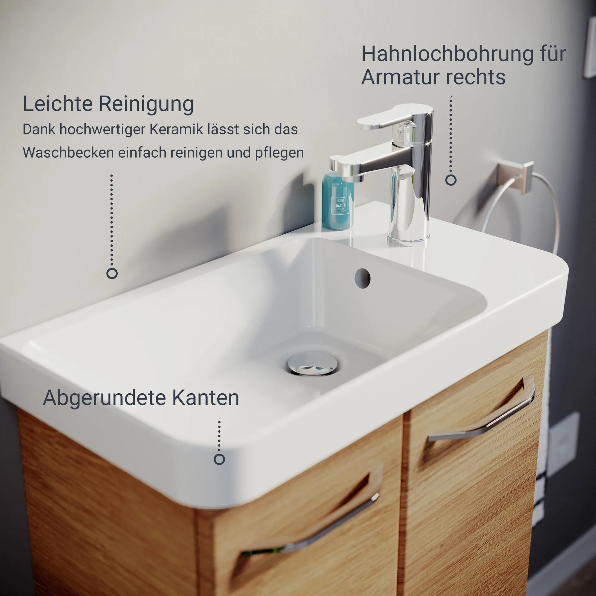 FACKELMANN MILANO Waschbecken 55 cm breit, Keramik, Weiß, Hahnloch rechts