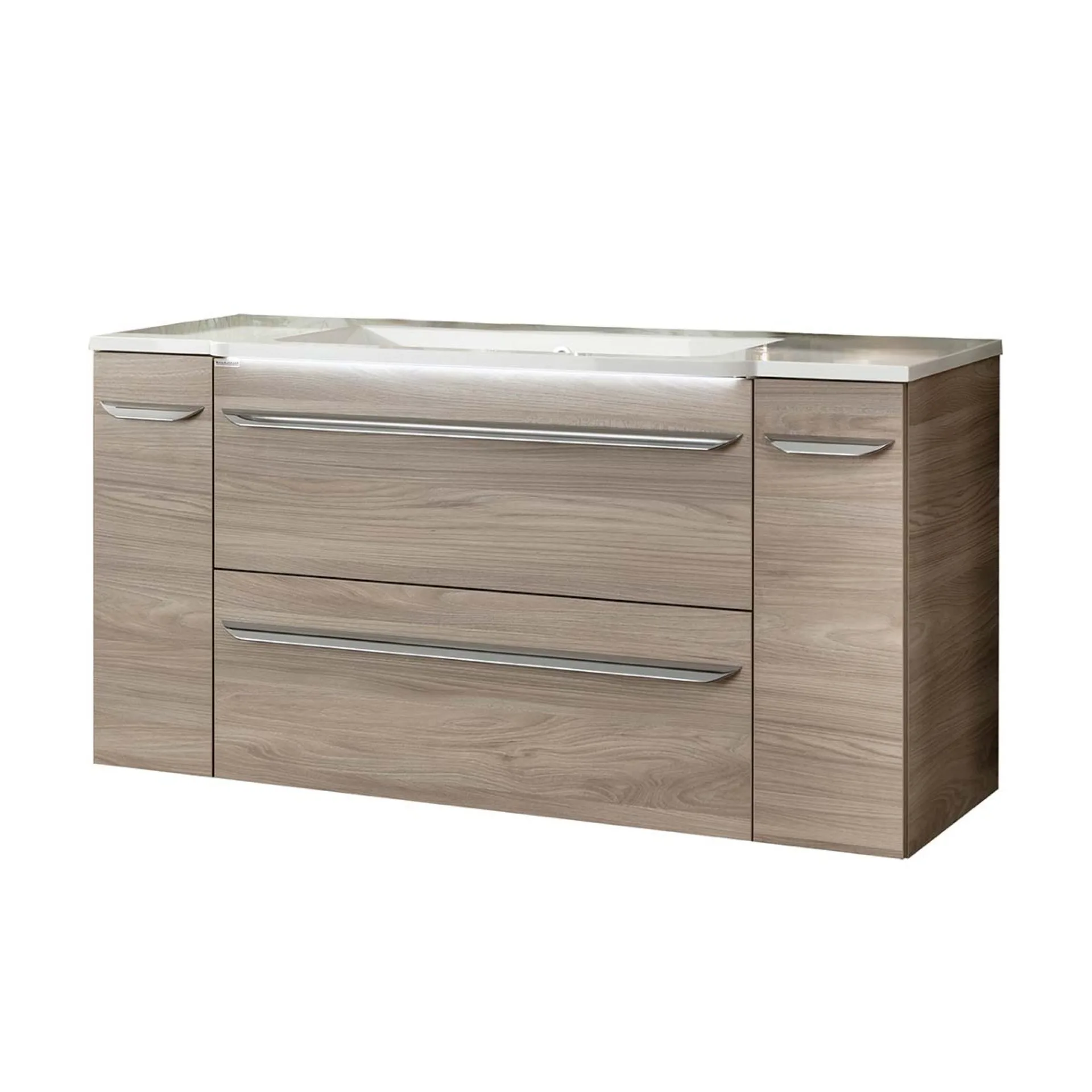 FACKELMANN LUXOR Badmöbel Set 4-teilig 120 cm breit, Braun hell, Waschbecken Gussmarmor Weiß + Unterschränke