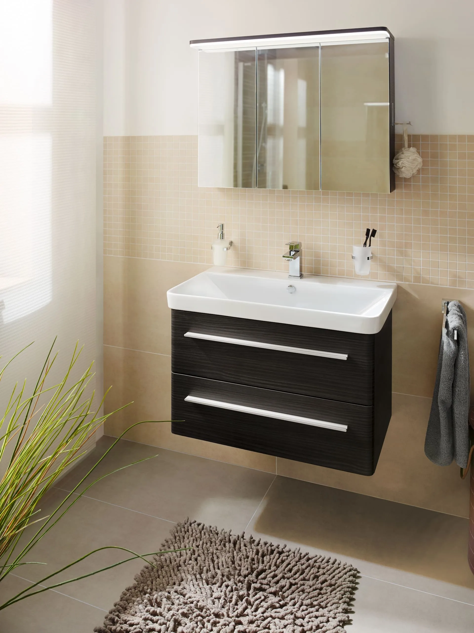 LANZET K8 Waschbecken mit Unterschrank 80 cm breit, Anthrazit Holzoptik, Waschbecken Keramik Weiß