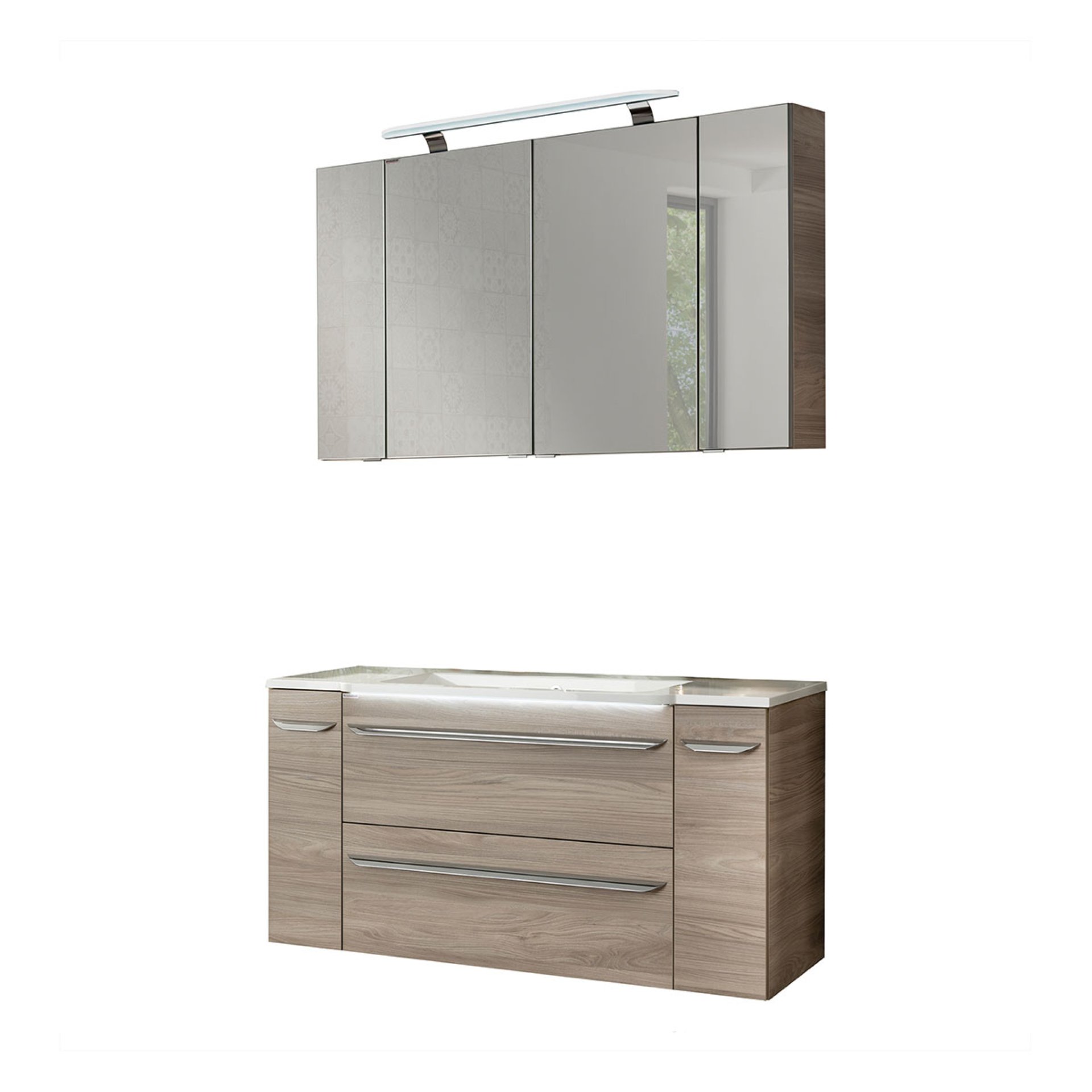 Fackelmann LUXOR Badmöbel Set 7-teilig 120 cm, Braun + LED-Spiegelschrank + Schränke verspiegelt + Unterschränke