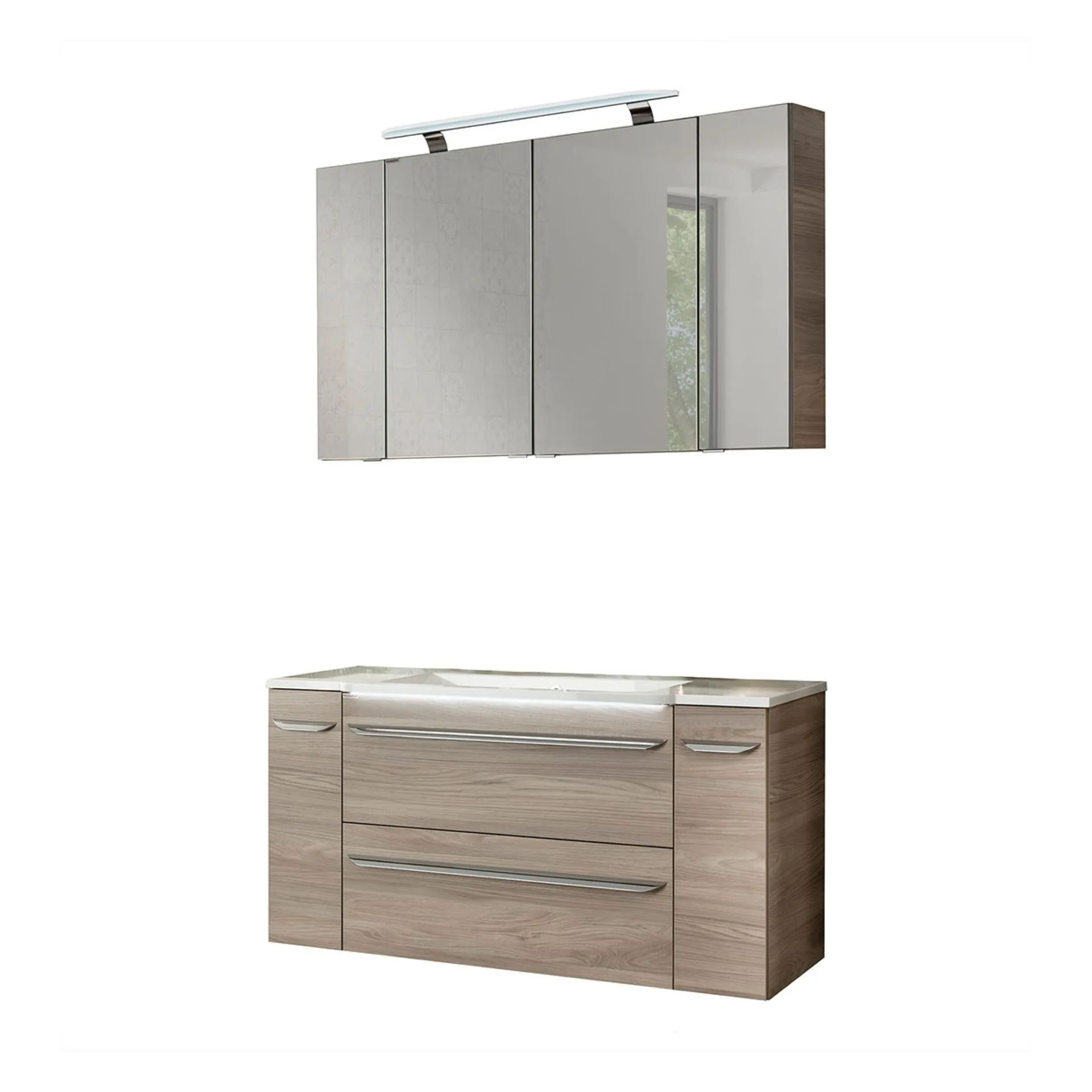 FACKELMANN LUXOR Badmöbel Set 7-teilig 120 cm breit, Braun hell, Waschbecken Gussmarmor Weiß + LED Spiegelschrank + Hängeschränke + Unterschränke mit Spiegelfläche