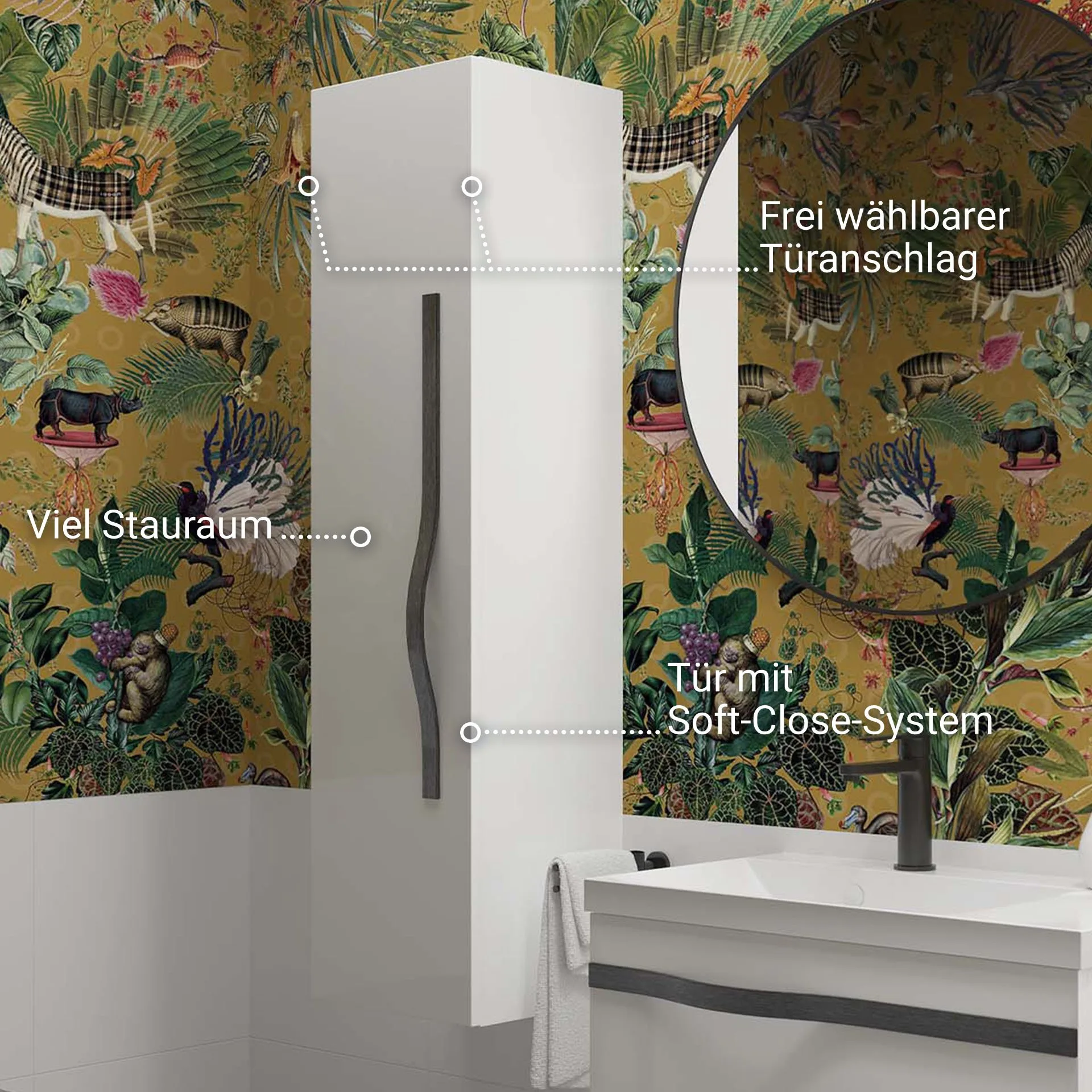 BADEDU FILS Hochschrank 33 cm breit, Weiß, Griff Schwarz