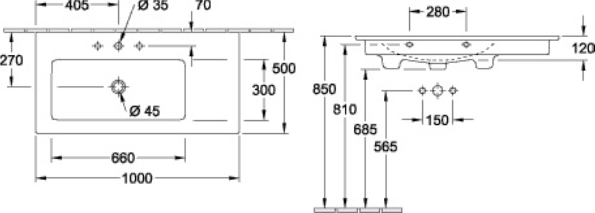 VILLEROY & BOCH VENTICELLO Waschbecken Keramik 100 cm breit, Weiß, Becken links, mit Überlauf