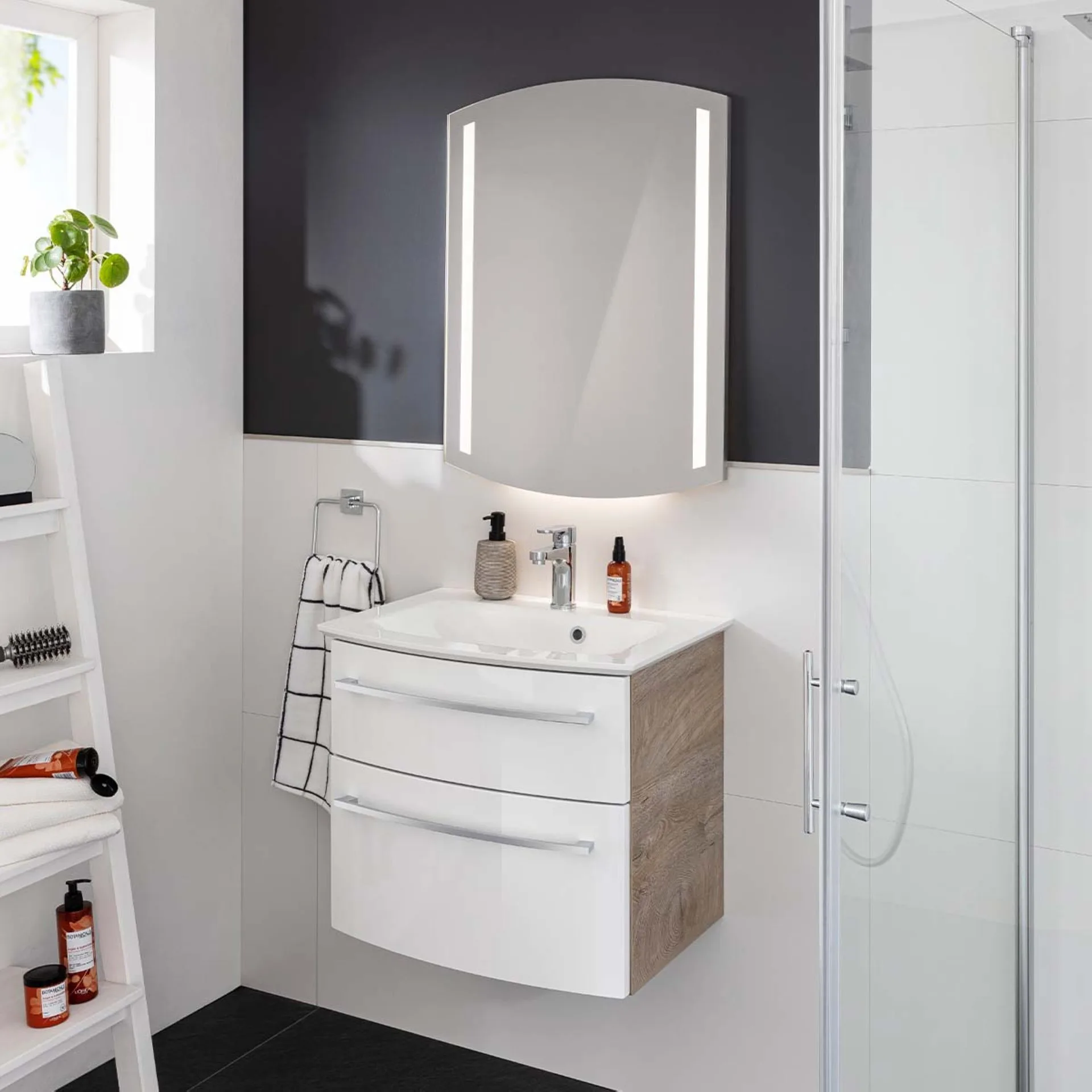 FACKELMANN B.STYLE Waschbecken mit Unterschrank 63 cm breit, Weiß/Braun hell, Waschbecken Gussmarmor Weiß