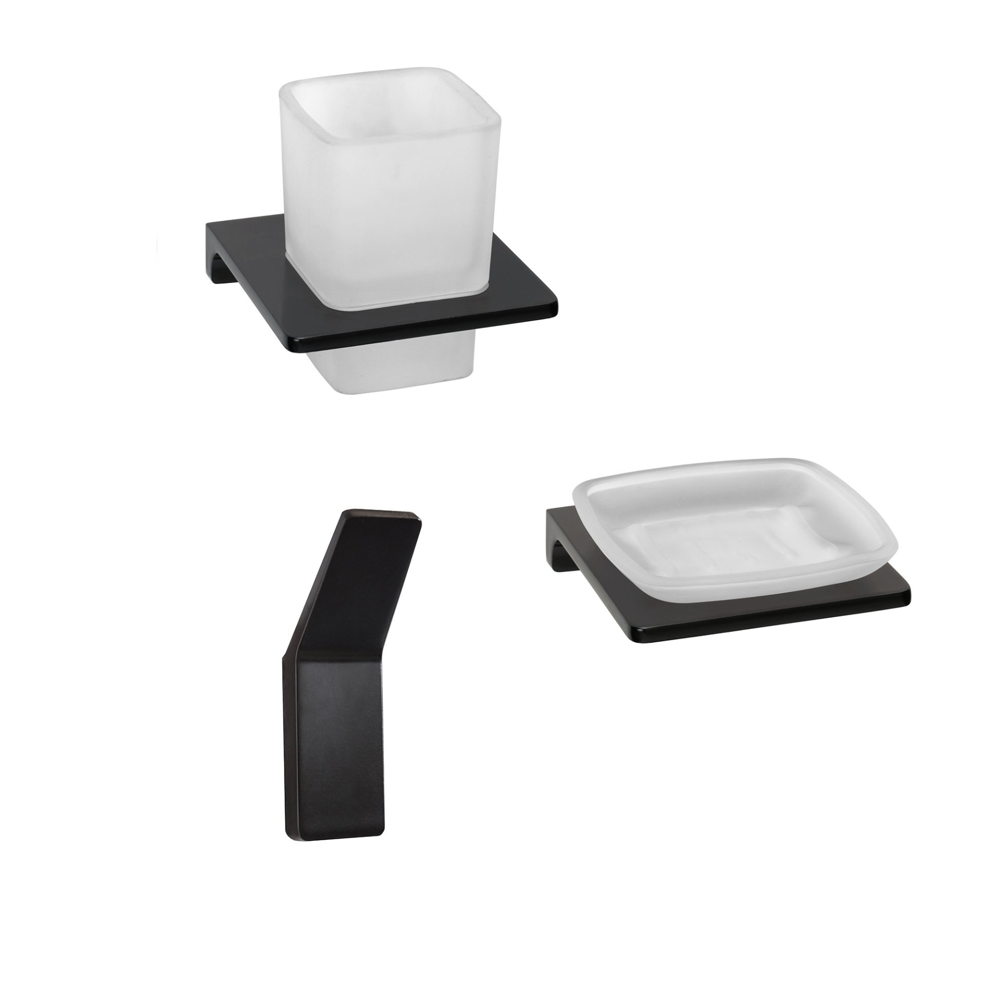 BADEDU SIRIUS Accessoire Set 3-teilig, Schwarz matt, Handtuchhaken, Glas mit Halter, Ablageschale