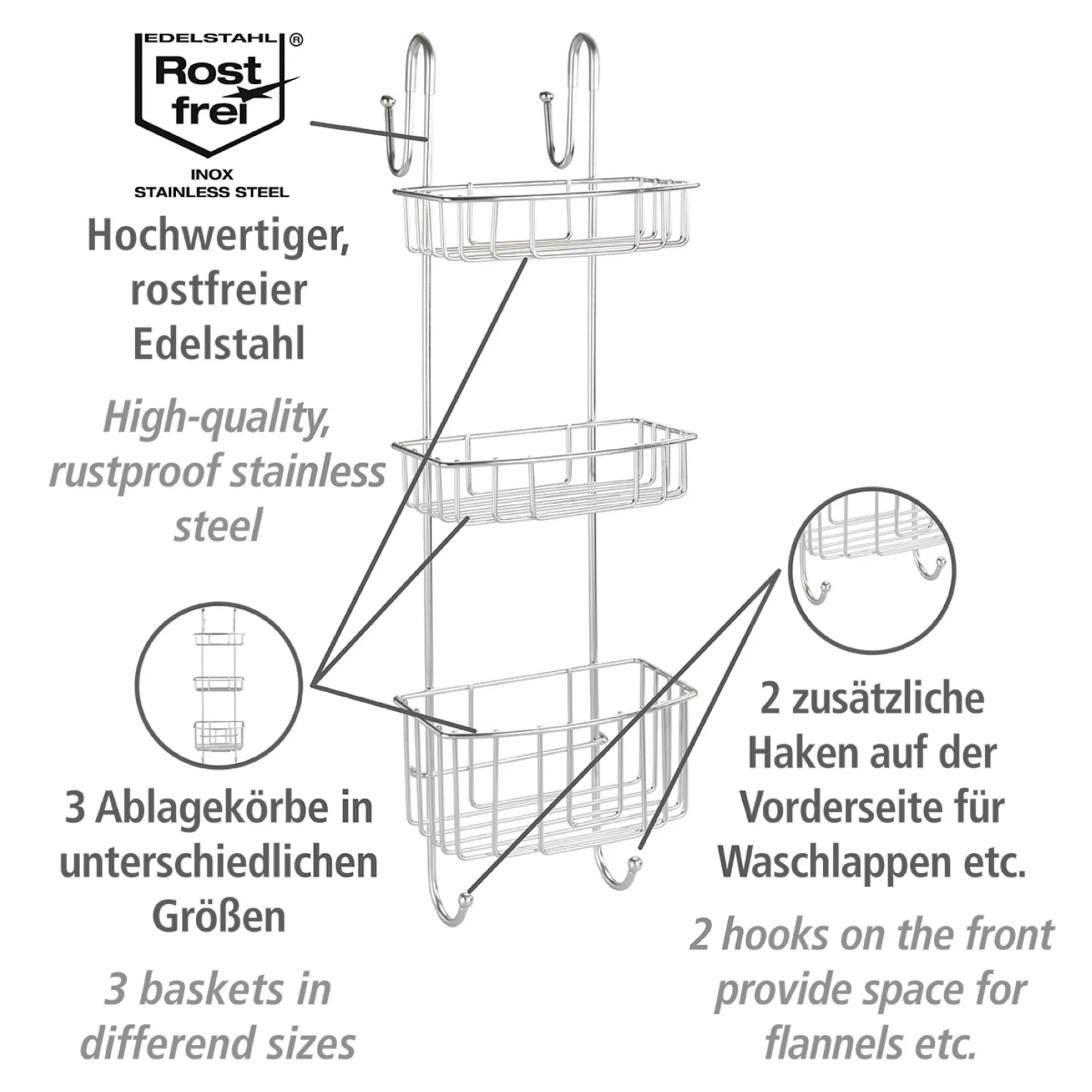 WENKO OLESI Duschablage, Chrom glänzend, 3 Etagen, Edelstahl rostfrei, zum Einhängen