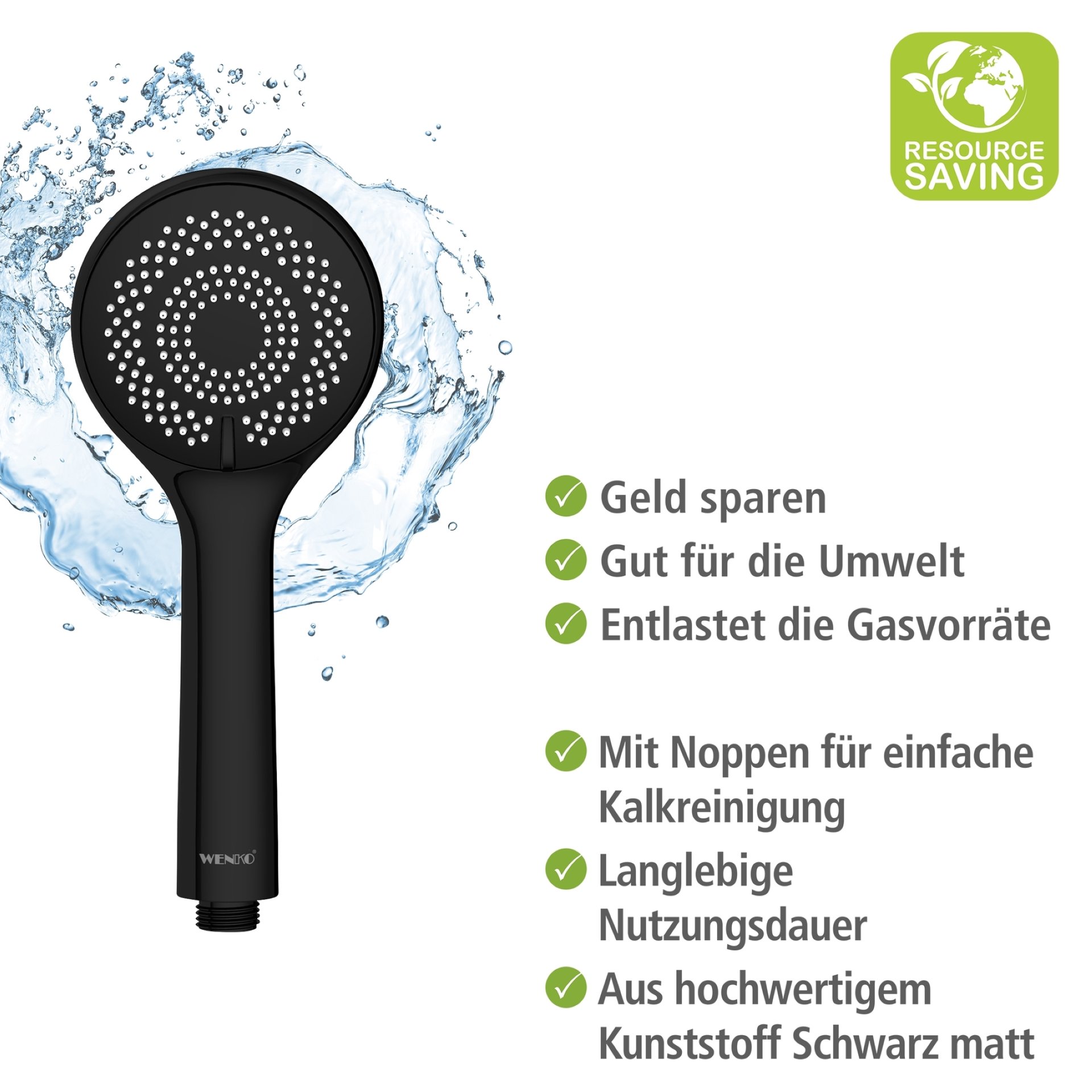 WENKO Duschkopf Ø 9,5 cm, Schwarz, mit Wassersparsystem, 3 verschiedene Wasserstrahlarten