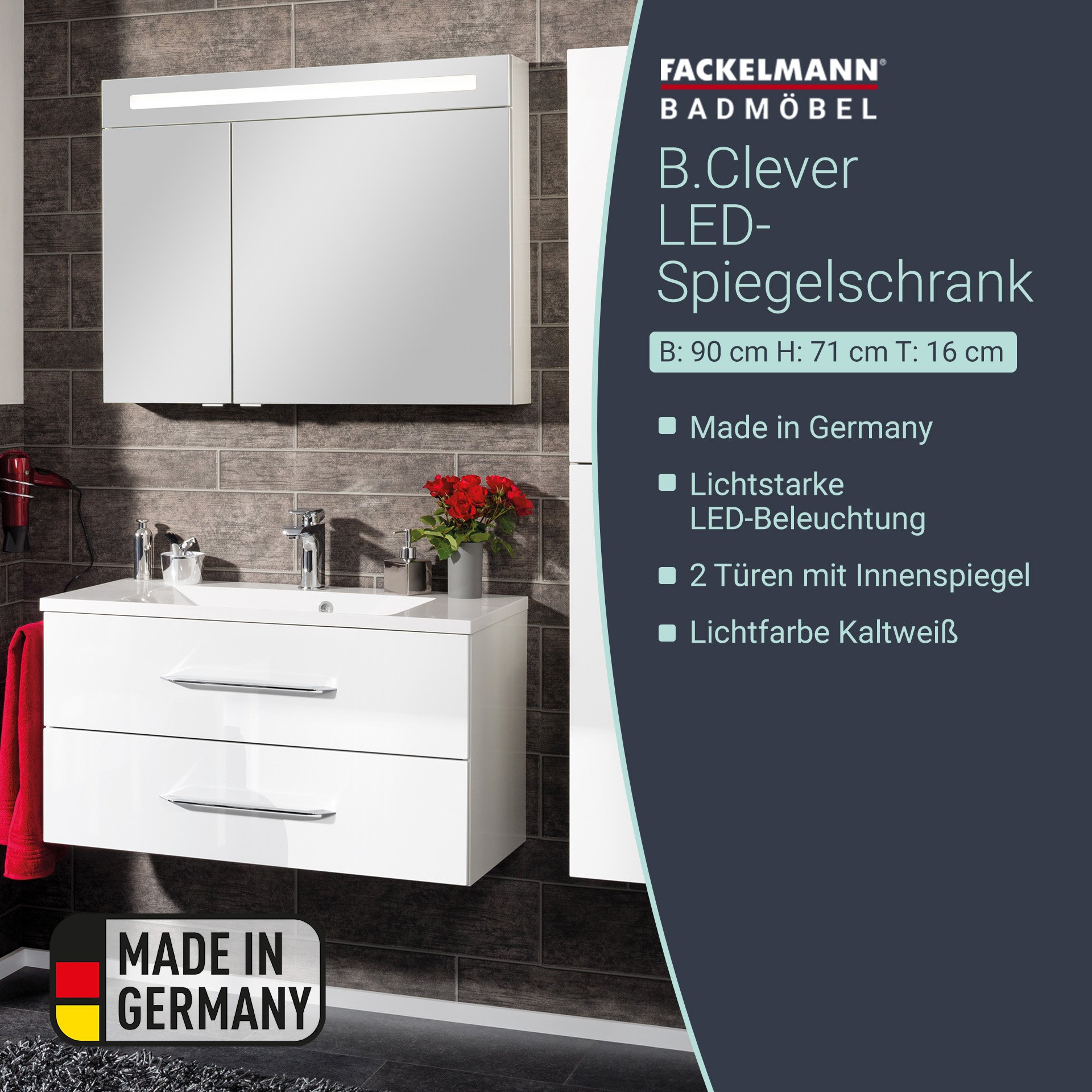 Fackelmann B.CLEVER LED Spiegelschrank 90 cm, Weiß