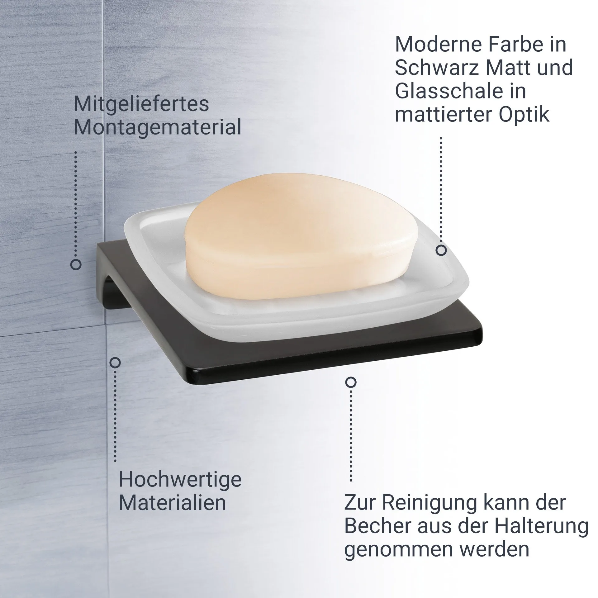 BADEDU SIRIUS Accessoire Set 3-teilig, Schwarz matt, Handtuchhaken, Glas mit Halter, Ablageschale