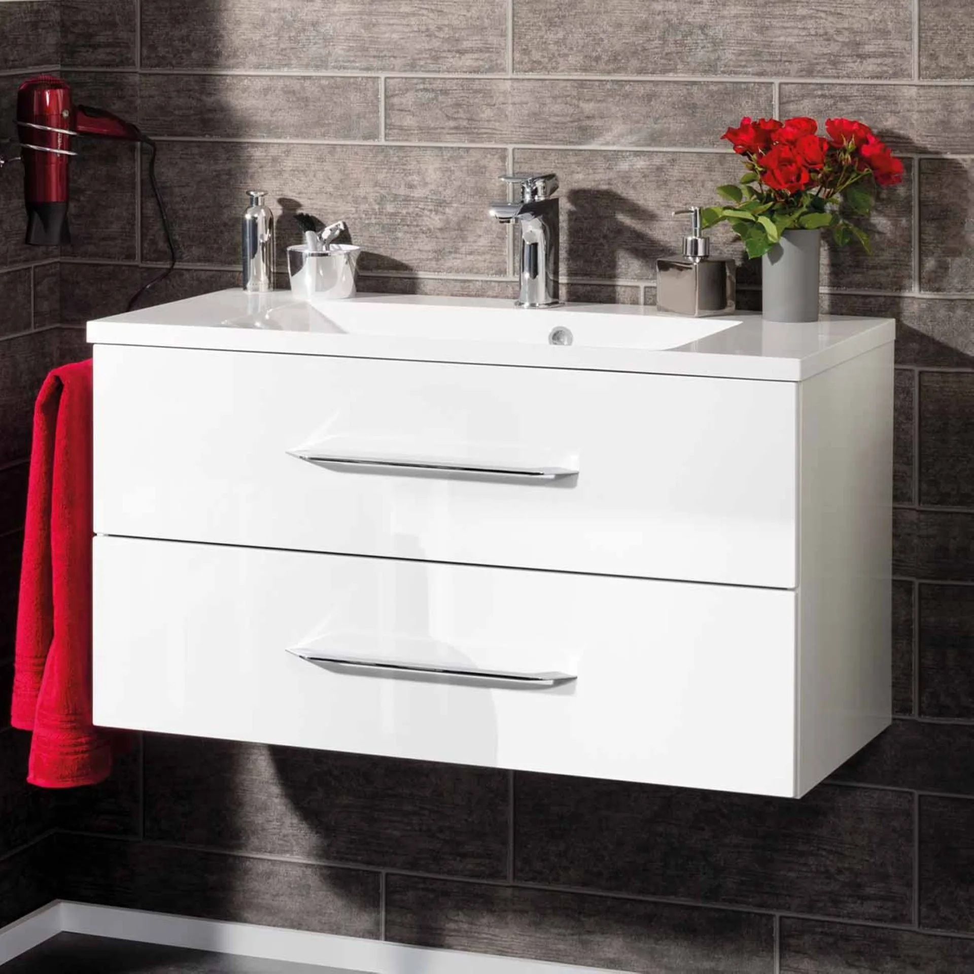 FACKELMANN B.CLEVER Waschbecken mit Unterschrank 90 cm breit, Weiß, Waschbecken Gussmarmor Weiß