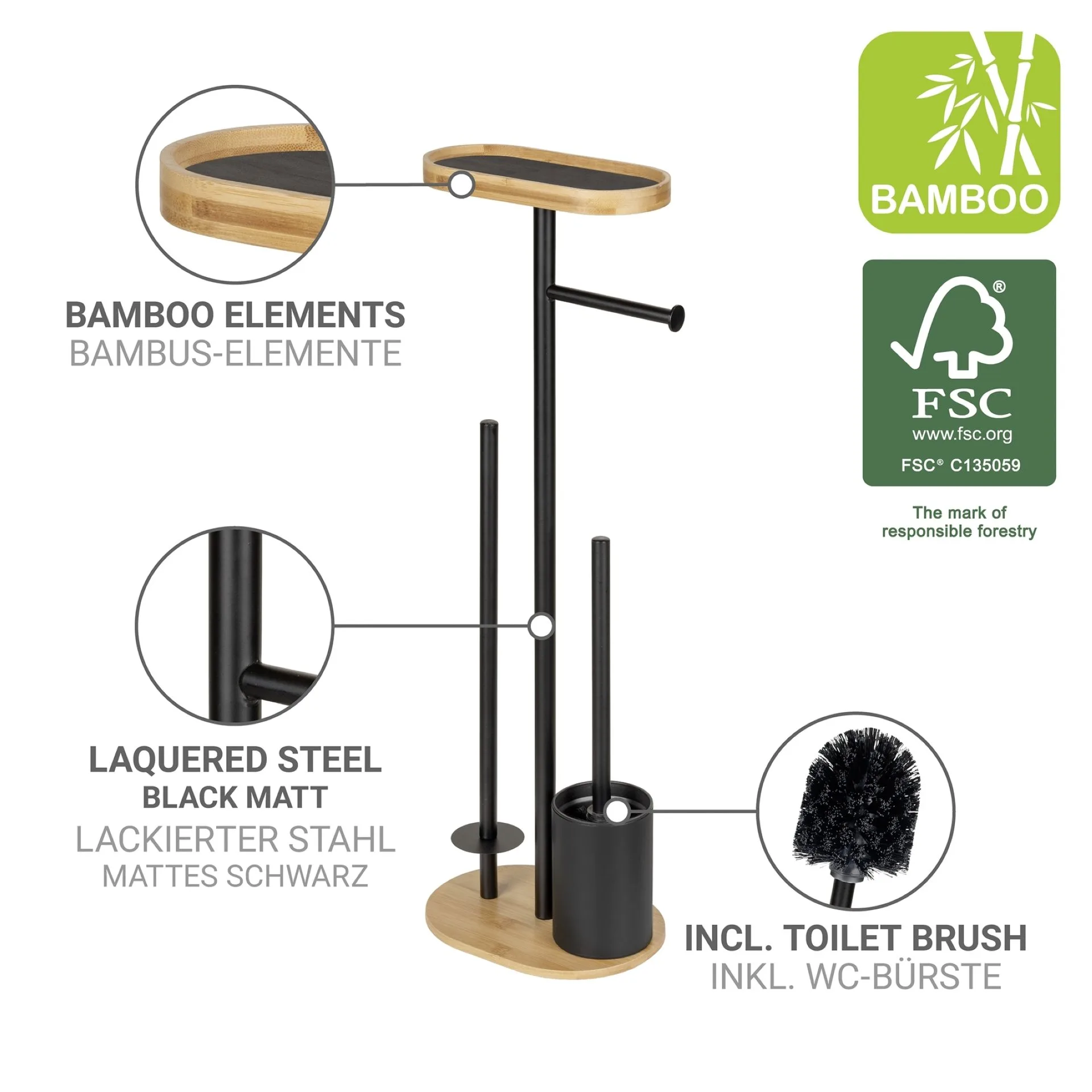 WENKO POMAROLO WC-Garnitur, Schwarz/Braun, Bambus, mit Toilettenpapierhalter und Ablage, stehend