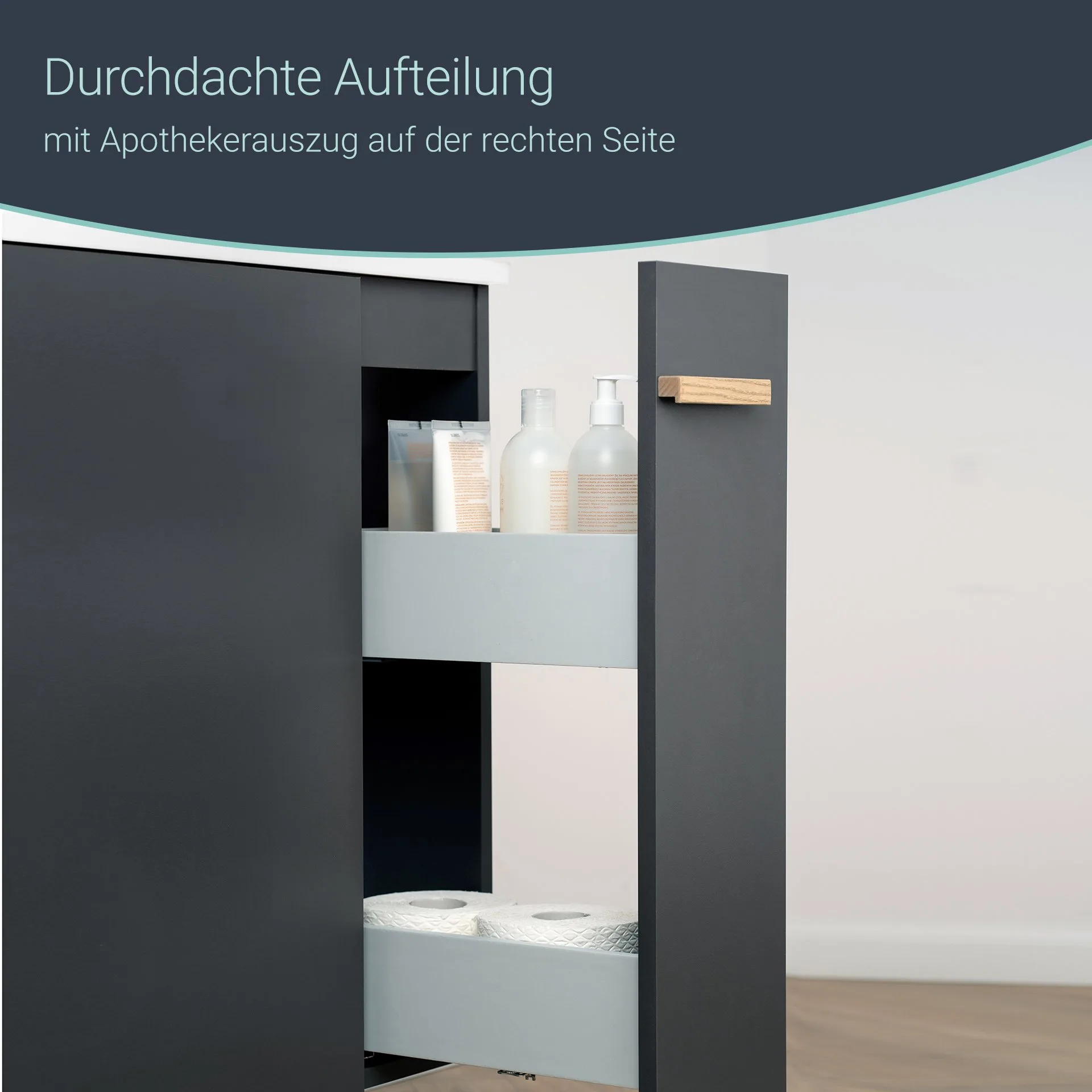 BADEDU HIERA Waschbecken mit Unterschrank 80 cm breit, Anthrazit, Waschbecken Keramik Weiß